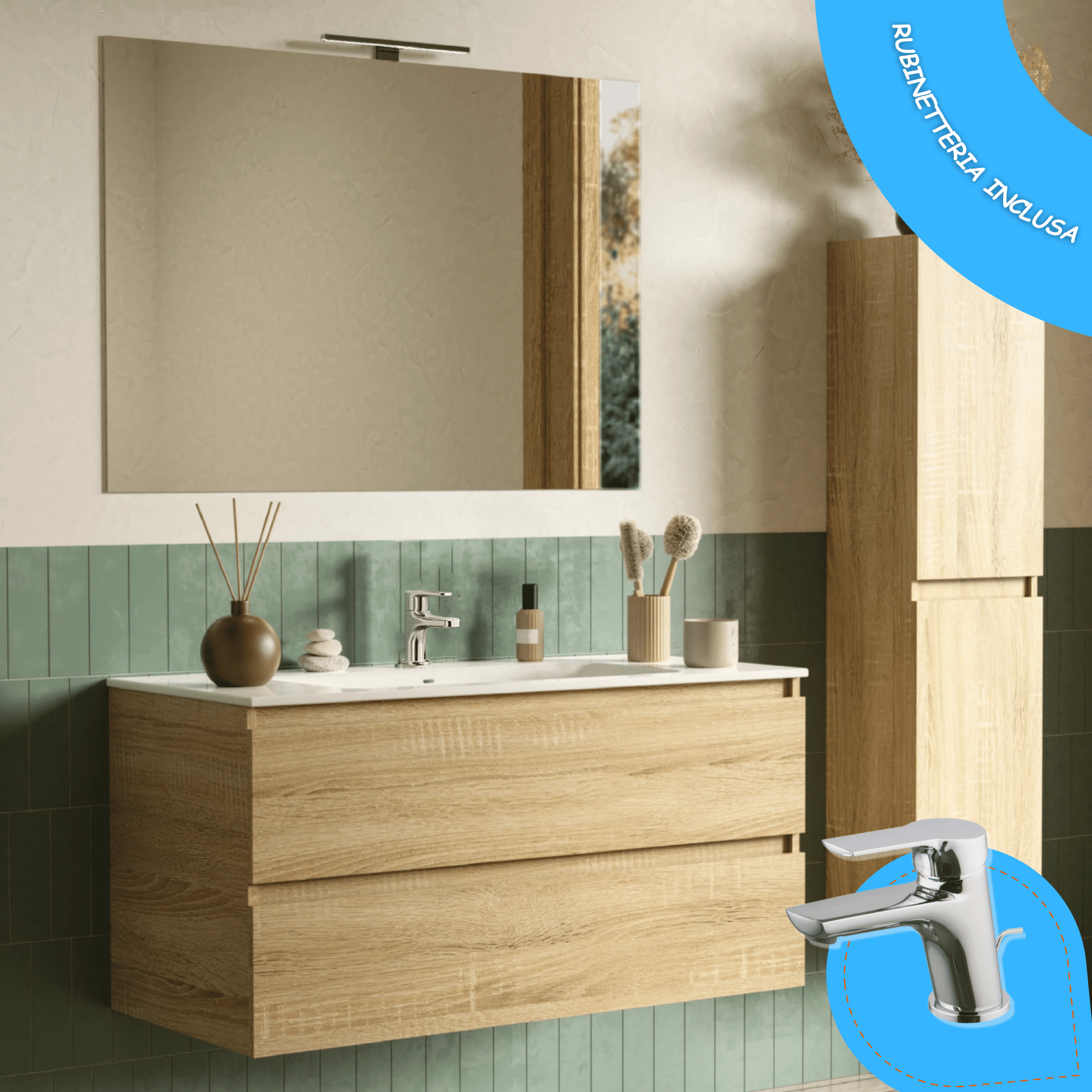 Mobile Bagno Sospeso 60 Cm Due Cassetti Miscelatore Lavabo Serie 4 Specchio Con Lampada Led 60x80 Esseci Arredo Bagno "Vulcano 60"