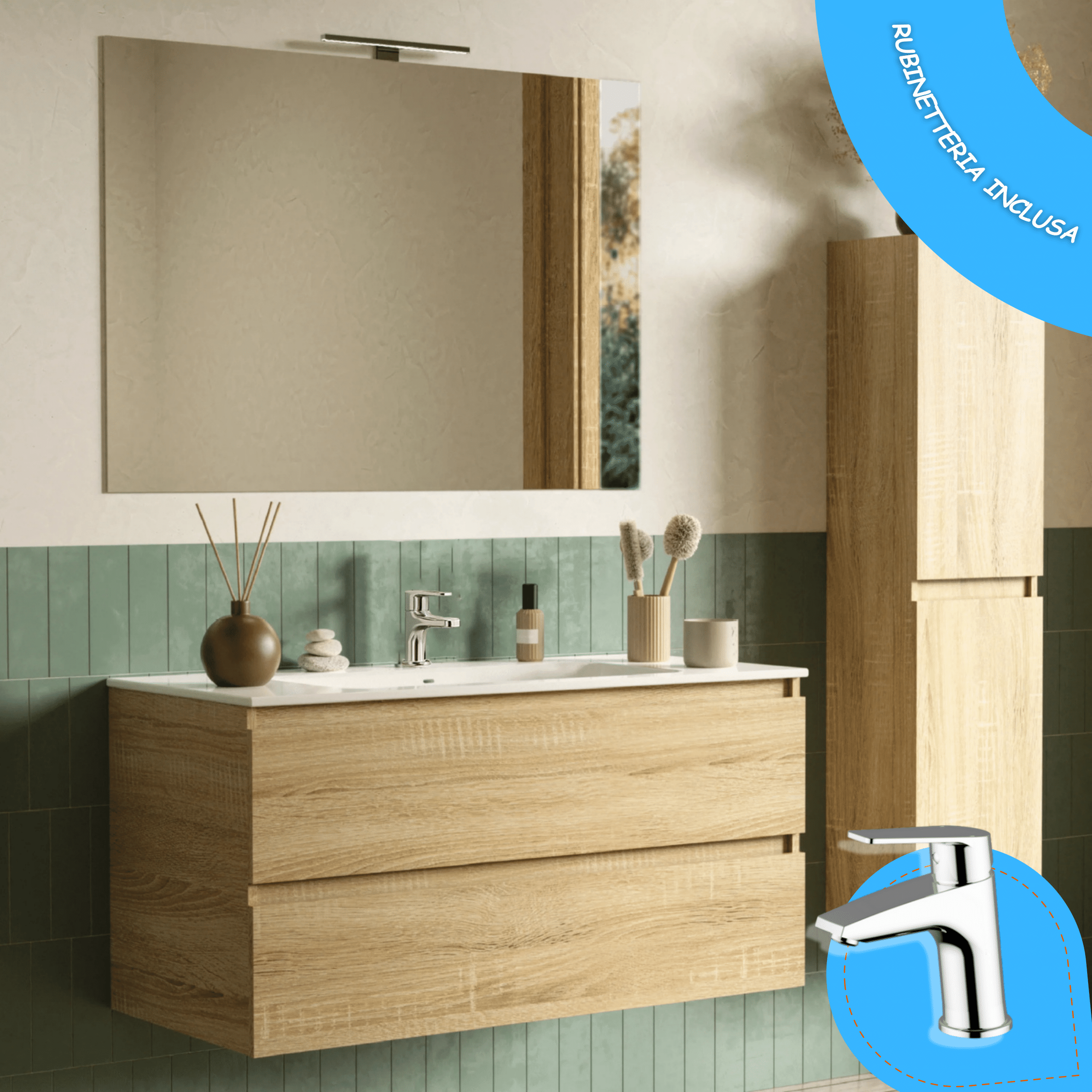 Mobile Bagno Sospeso 80 Cm Due Cassetti Miscelatore Lavabo Sonic Specchio Con Lampada Led 80x60 Cm Esseci Arredo Bagno "Vulcano 80"