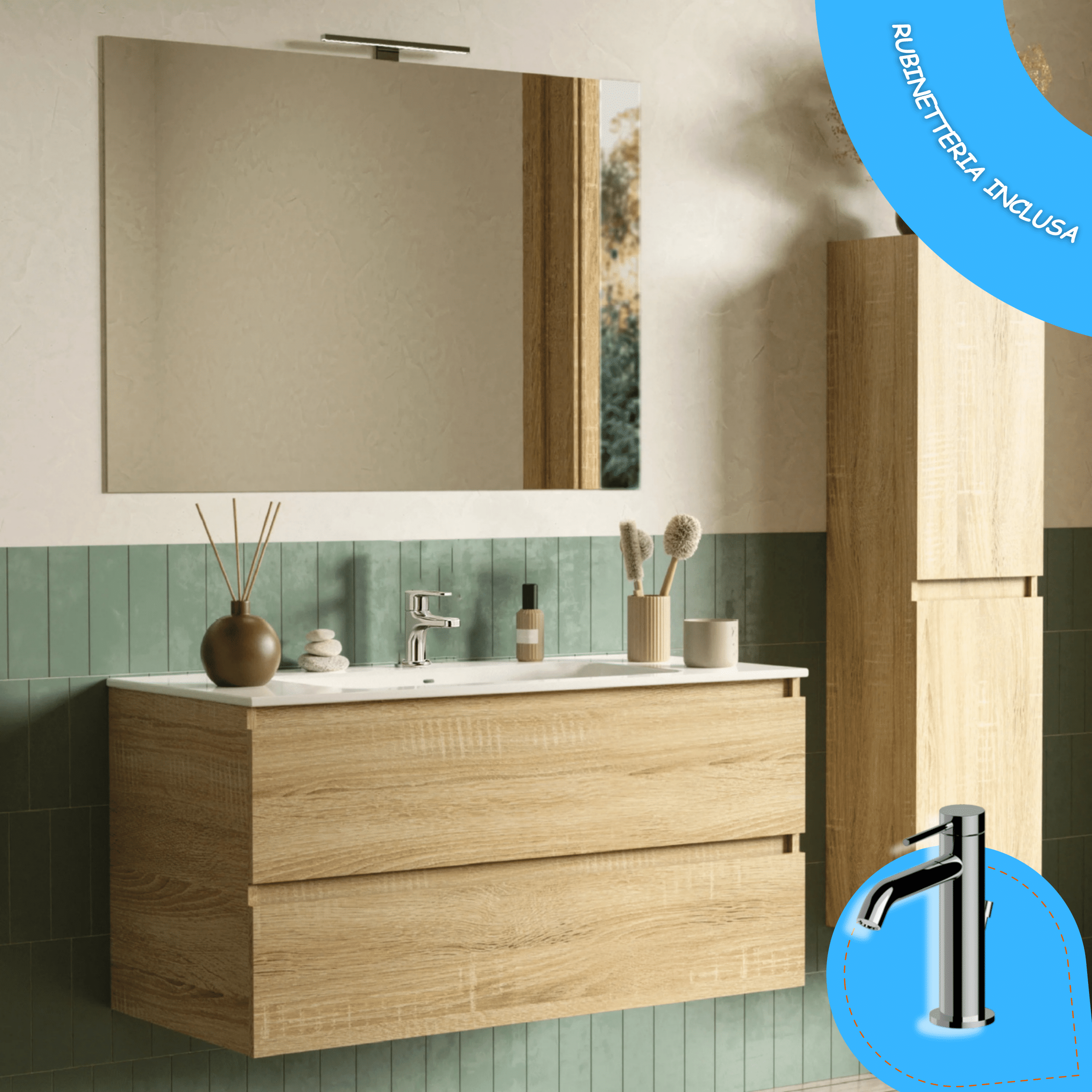 Mobile Bagno Sospeso 90 Cm Due Cassetti Miscelatore Lavabo Viktor Specchio Con Lampada Led 90x70 Cm Esseci Arredo Bagno "Vulcano 90"