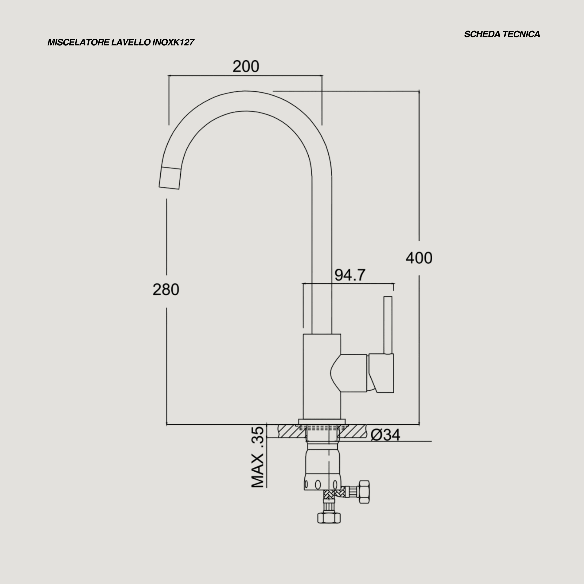 Miscelatore Lavello Monoforo Con Canna Girevole a Ponte Karag "K127" Inox Satinato