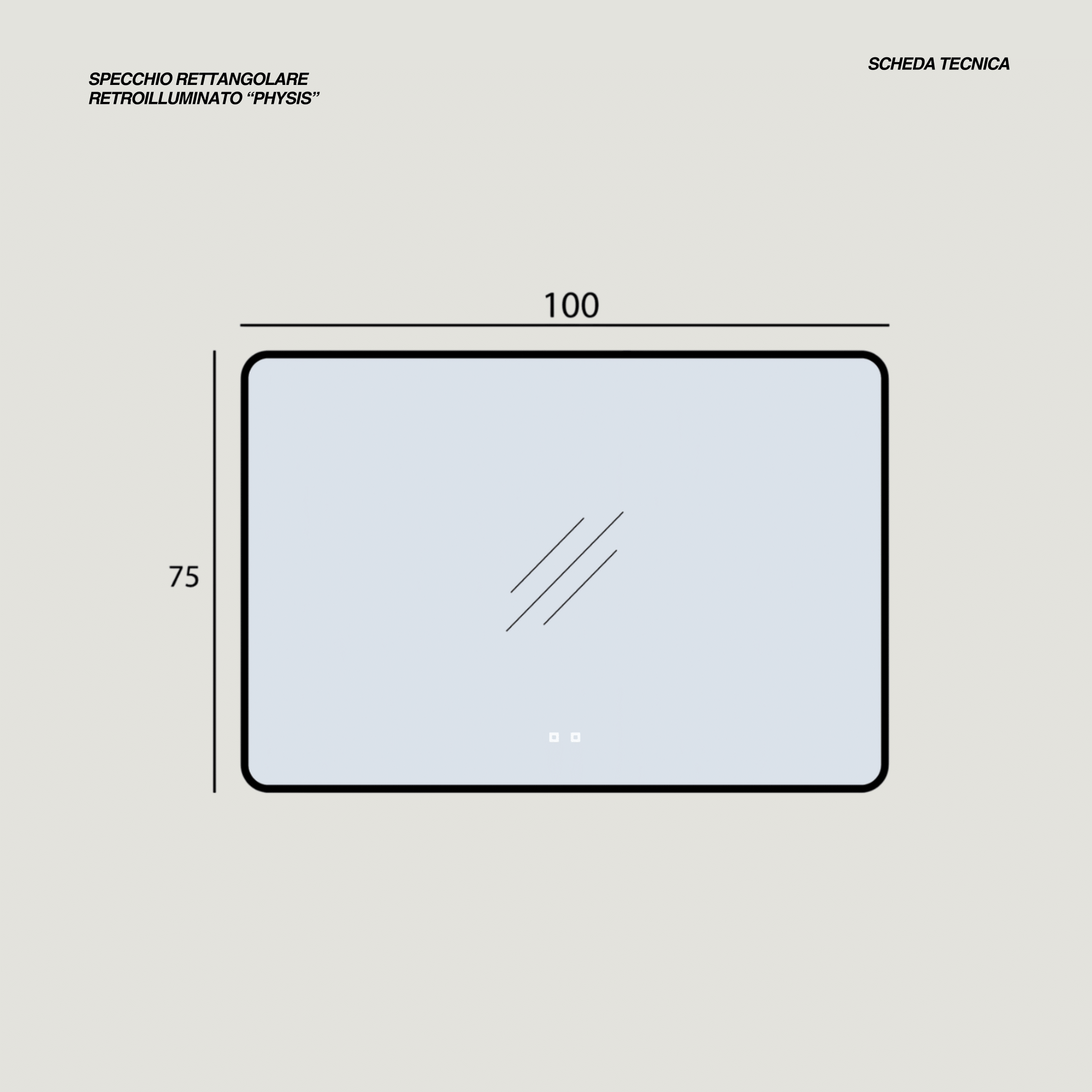 Specchio Rettangolare Retroilluminato 100x75 Con Touch Accensione Bluetooth e Tasto Antifog "Physis" Nero