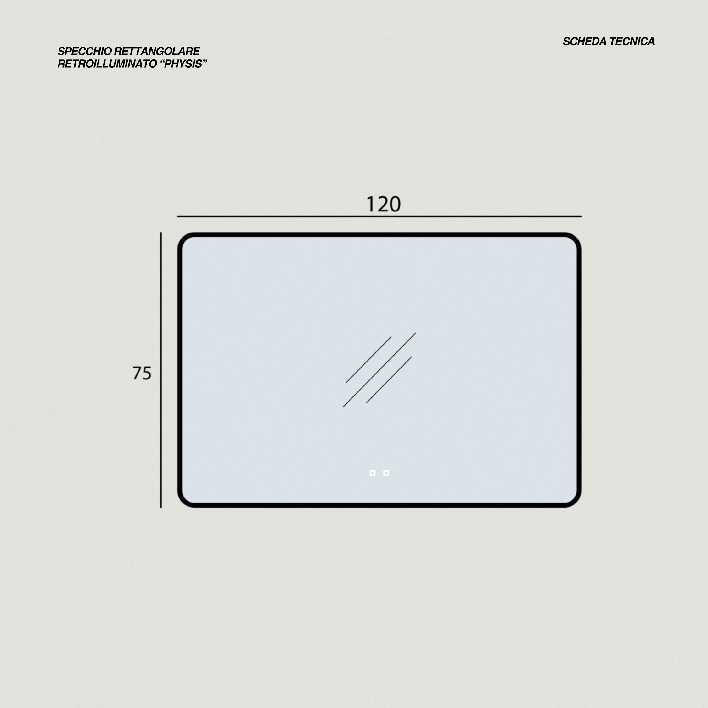 Specchio Rettangolare Retroilluminato 120x75 Con Touch Accensione Bluetooth e Tasto Antifog "Physis" Nero