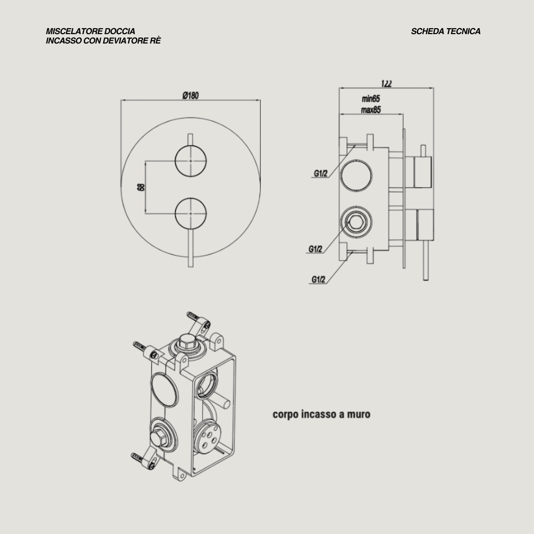 Miscelatore Doccia Ad Incasso Con Deviatore a 2 Vie "Rè" Oro Etrusco