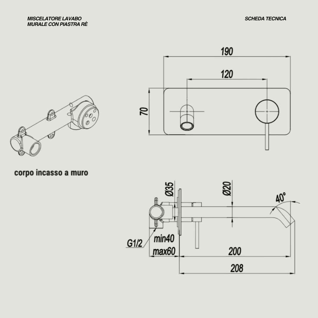 Miscelatore Lavabo a Parete Con Piastra Bocca Di Erogazione Da 20 Cm "Rè" Cromo Spazzolato