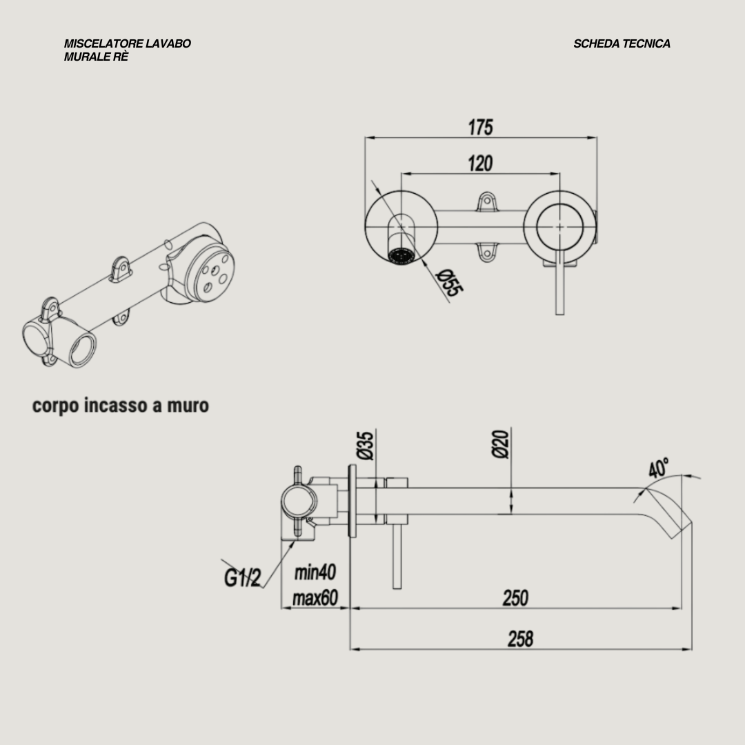 Miscelatore Lavabo a Parete Senza Piastra Bocca Di Erogazione Da 25 Cm "Rè" Cromo Spazzolato