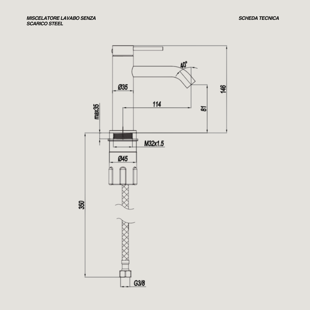 Miscelatore Lavabo Monoforo Senza Scarico "Steel" Inox Spazzolato