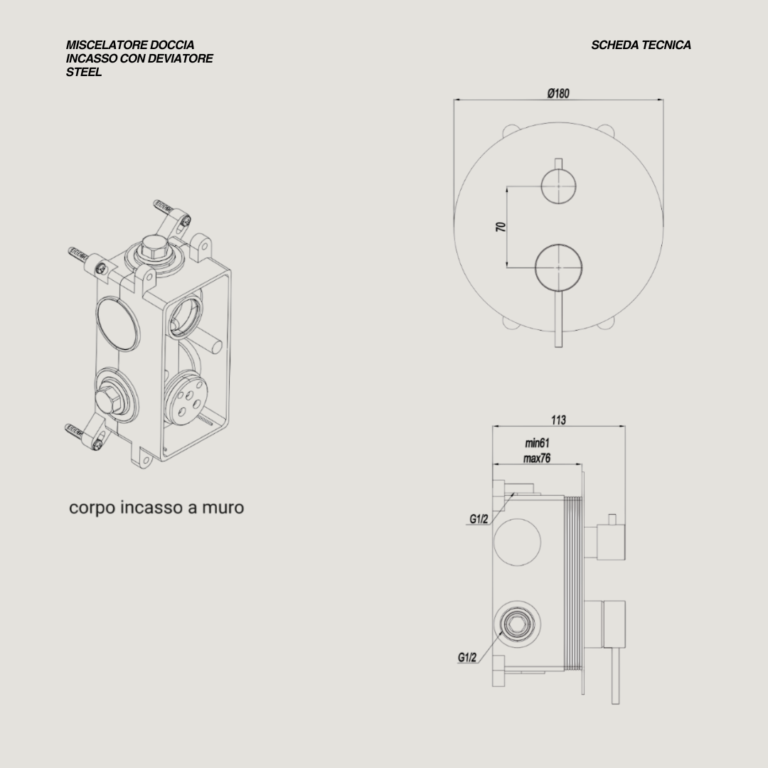 Miscelatore Doccia Ad Incasso Con Deviatore a 2 Vie "Steel" Inox Spazzolato