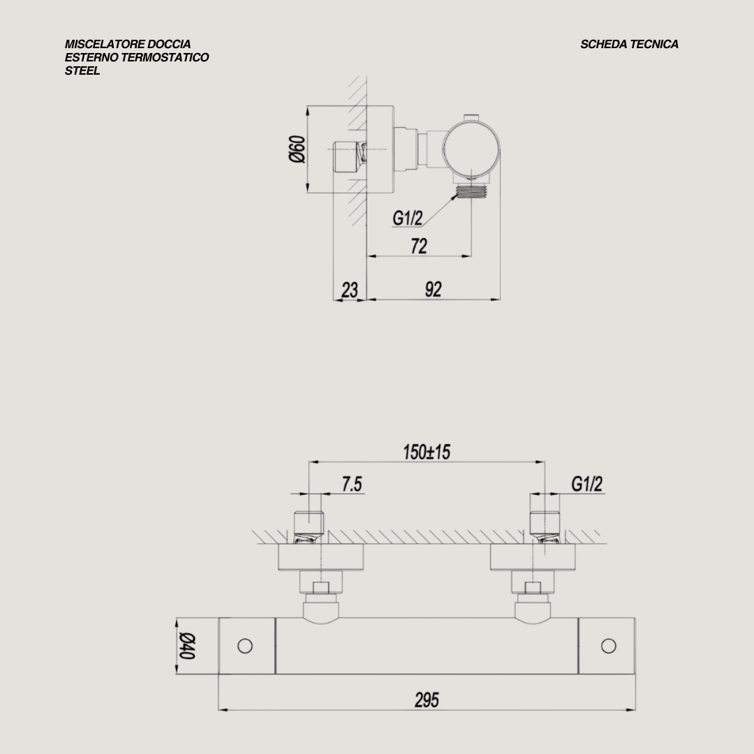 Miscelatore Doccia Esterno Termostatico "Steel" Inox Spazzolato