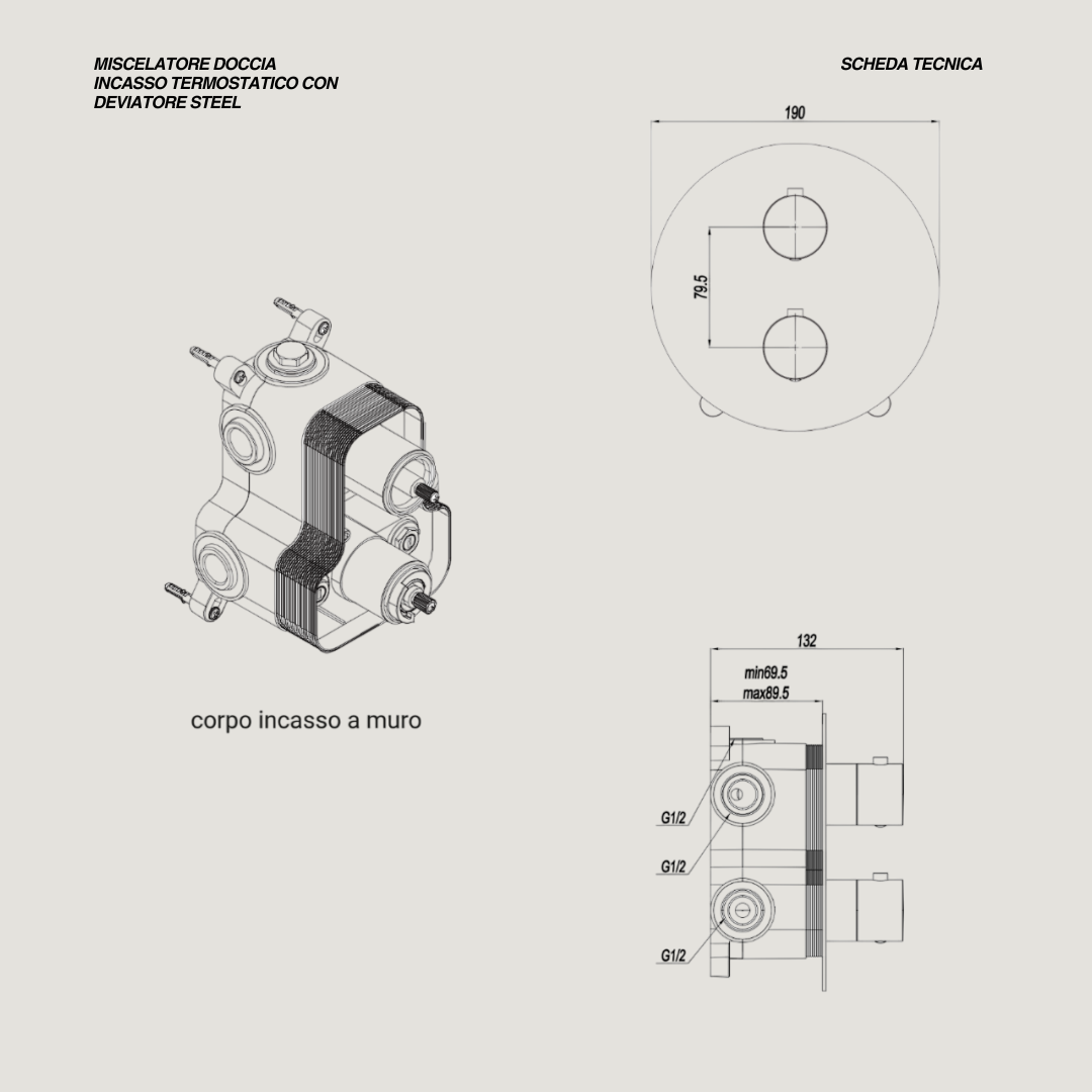 Miscelatore Doccia Ad Incasso Con Deviatore Termostatico a 2 Vie "Steel" Inox Spazzolato