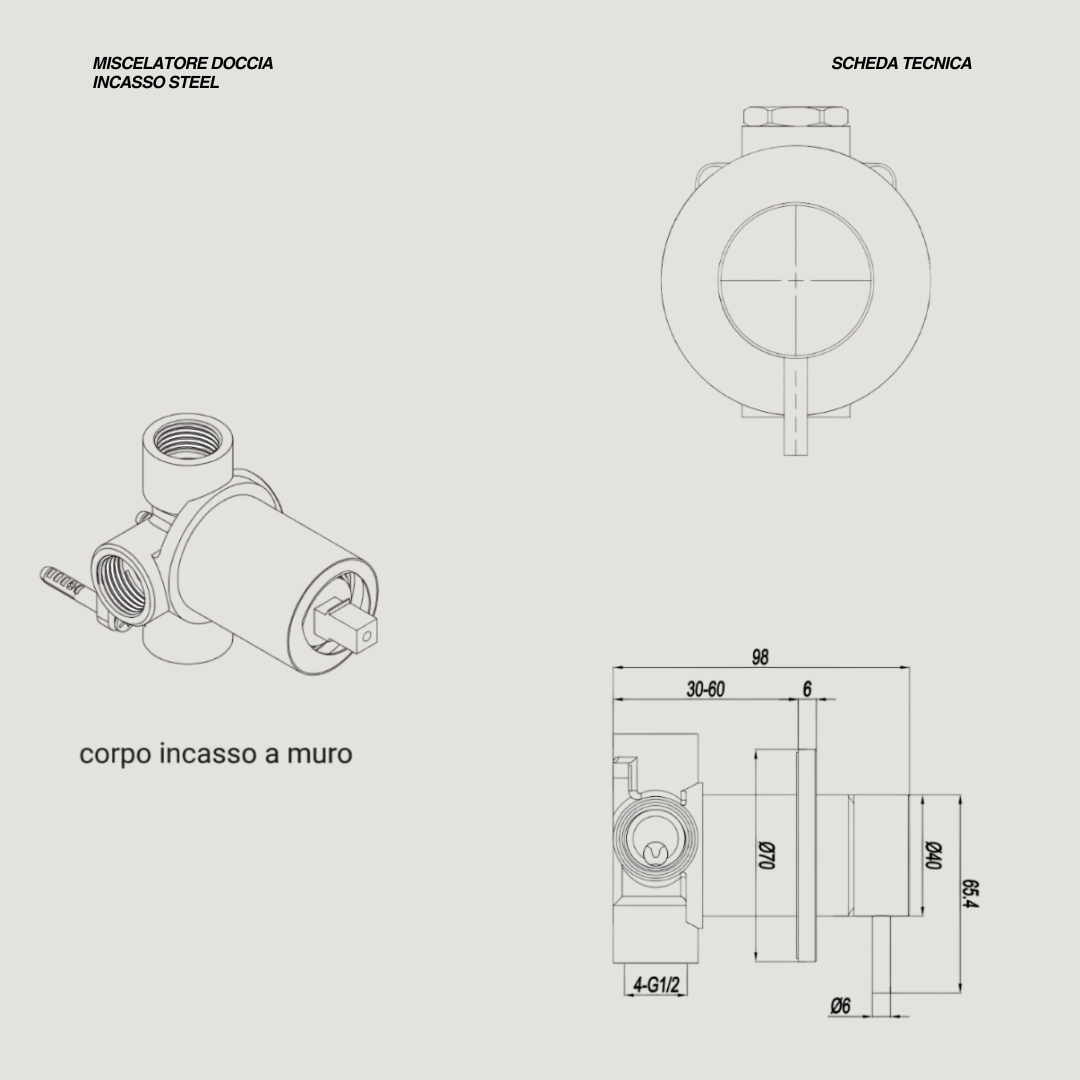 Miscelatore Doccia Ad Incasso a 1 Via "Steel" Inox Spazzolato