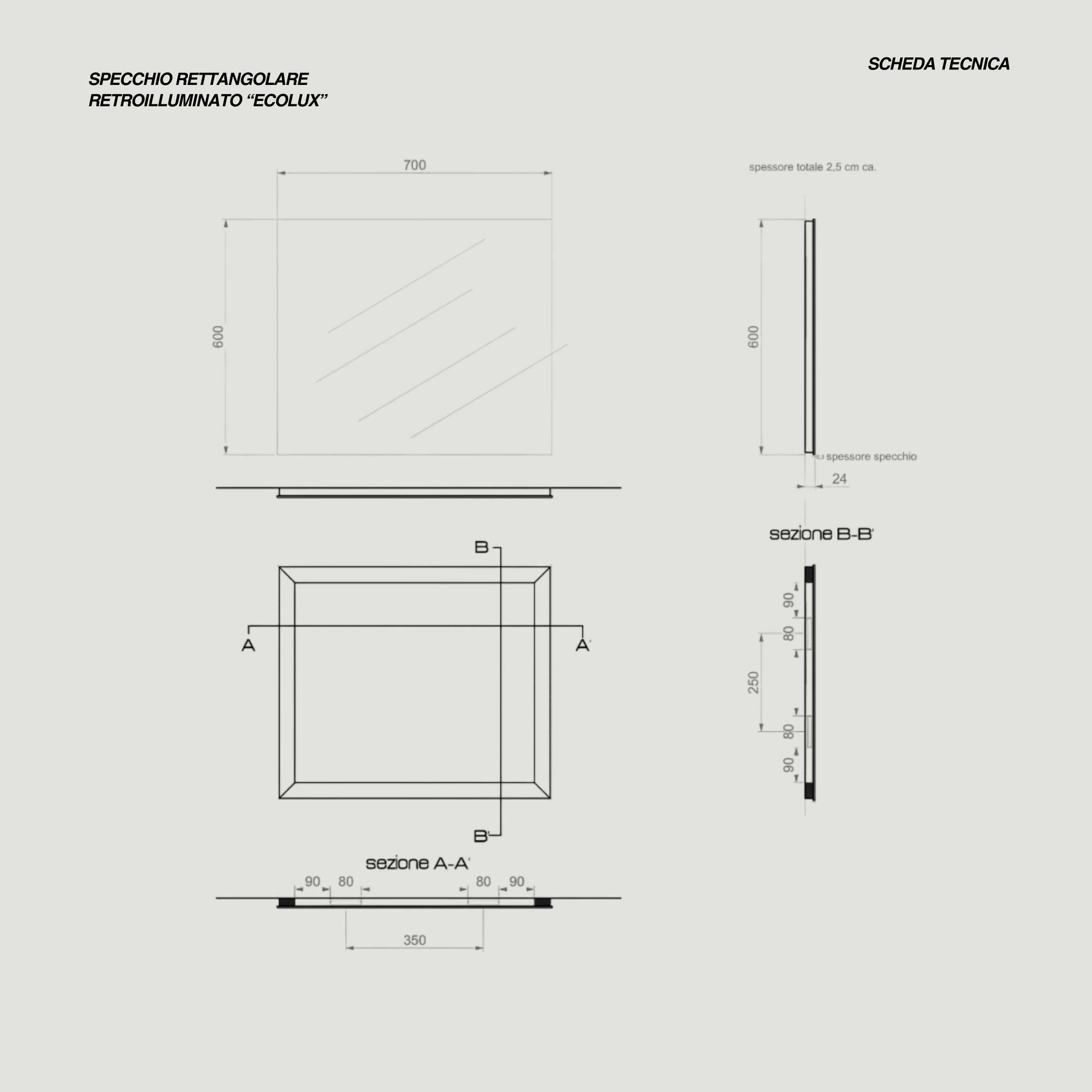 Specchio Rettangolare Retroilluminato 60x70 Reversibile "Ecolux"