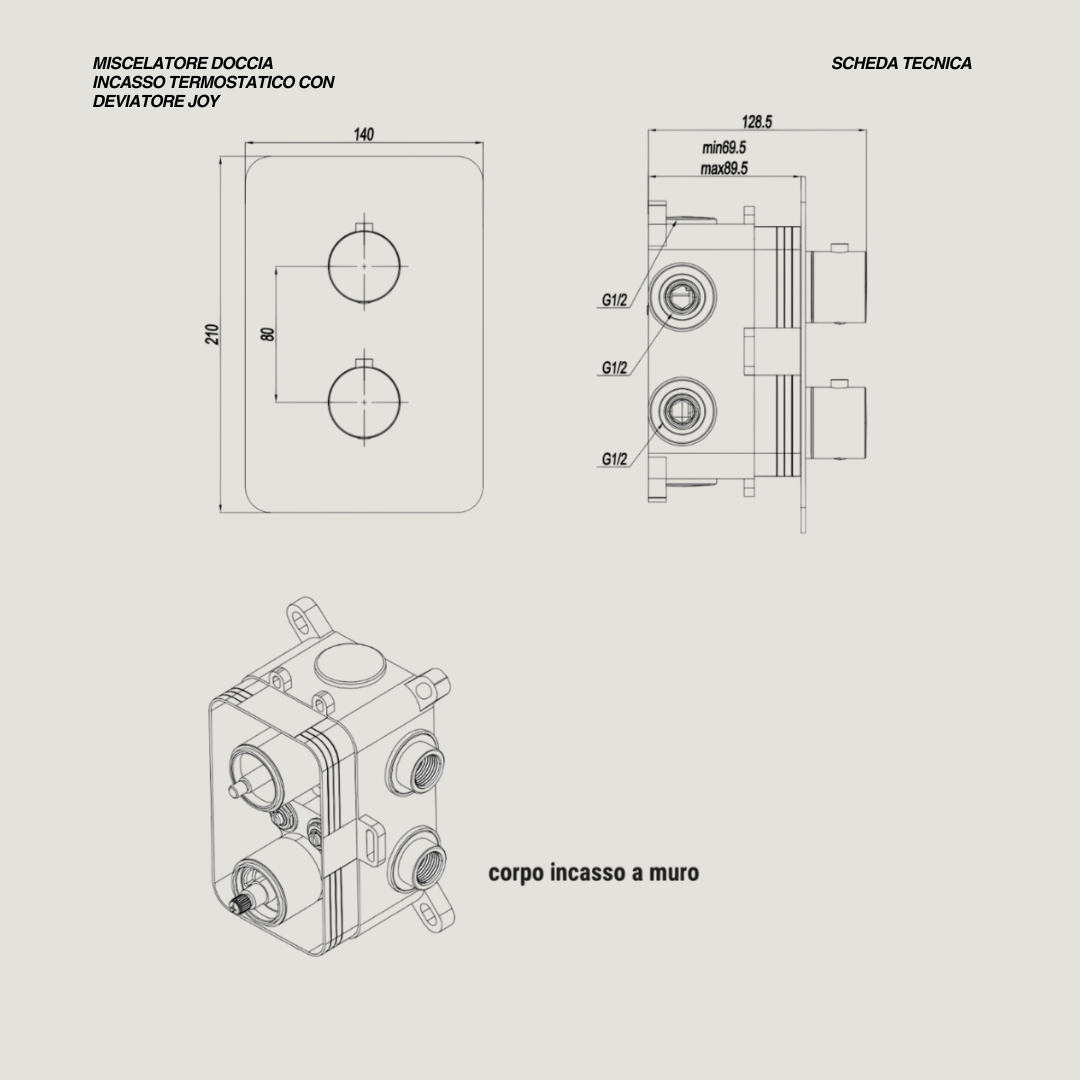 Miscelatore Doccia Ad Incasso Con Deviatore Termostatico a 2/3 Vie "Joy" Cromo Spazzolato