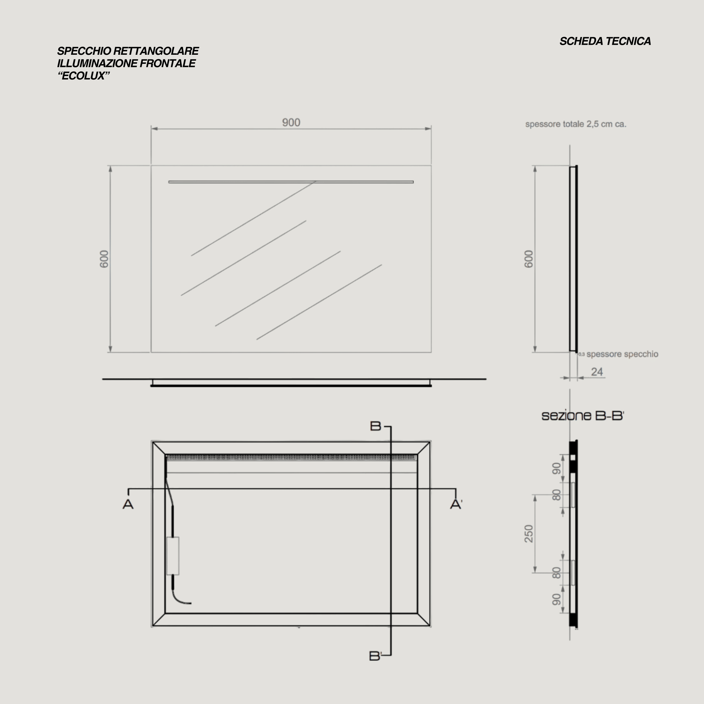 Specchio Rettangolare Illuminazione Frontale 90x60 Con Placchette In Metallo "Ecolux"