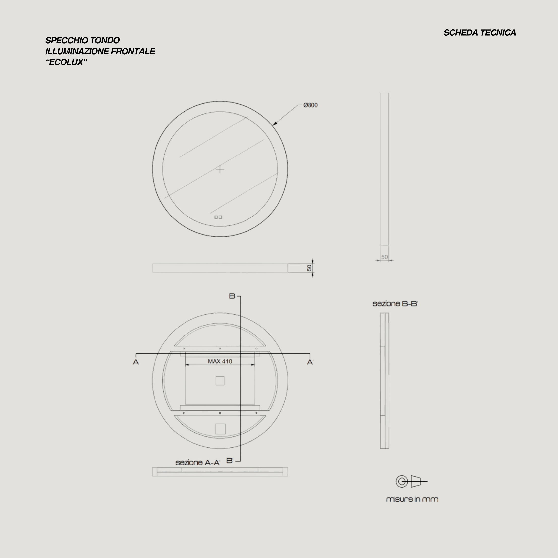 Specchio Tondo Diametro 80 Illuminazione Frontale Con Touch Accensione e Tasto Antifog "Ecolux" Nero Opaco