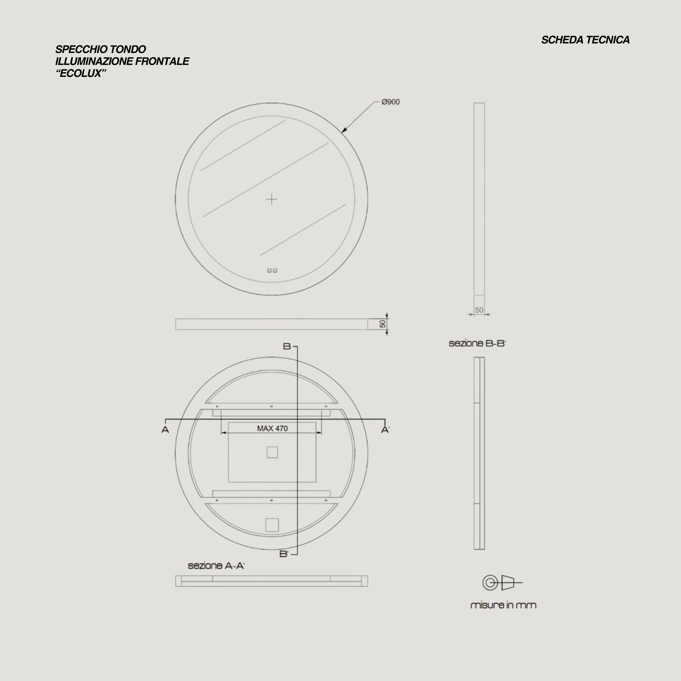 Specchio Tondo Diametro 90 Illuminazione Frontale Con Touch Accensione e Tasto Antifog "Ecolux" Nero Opaco