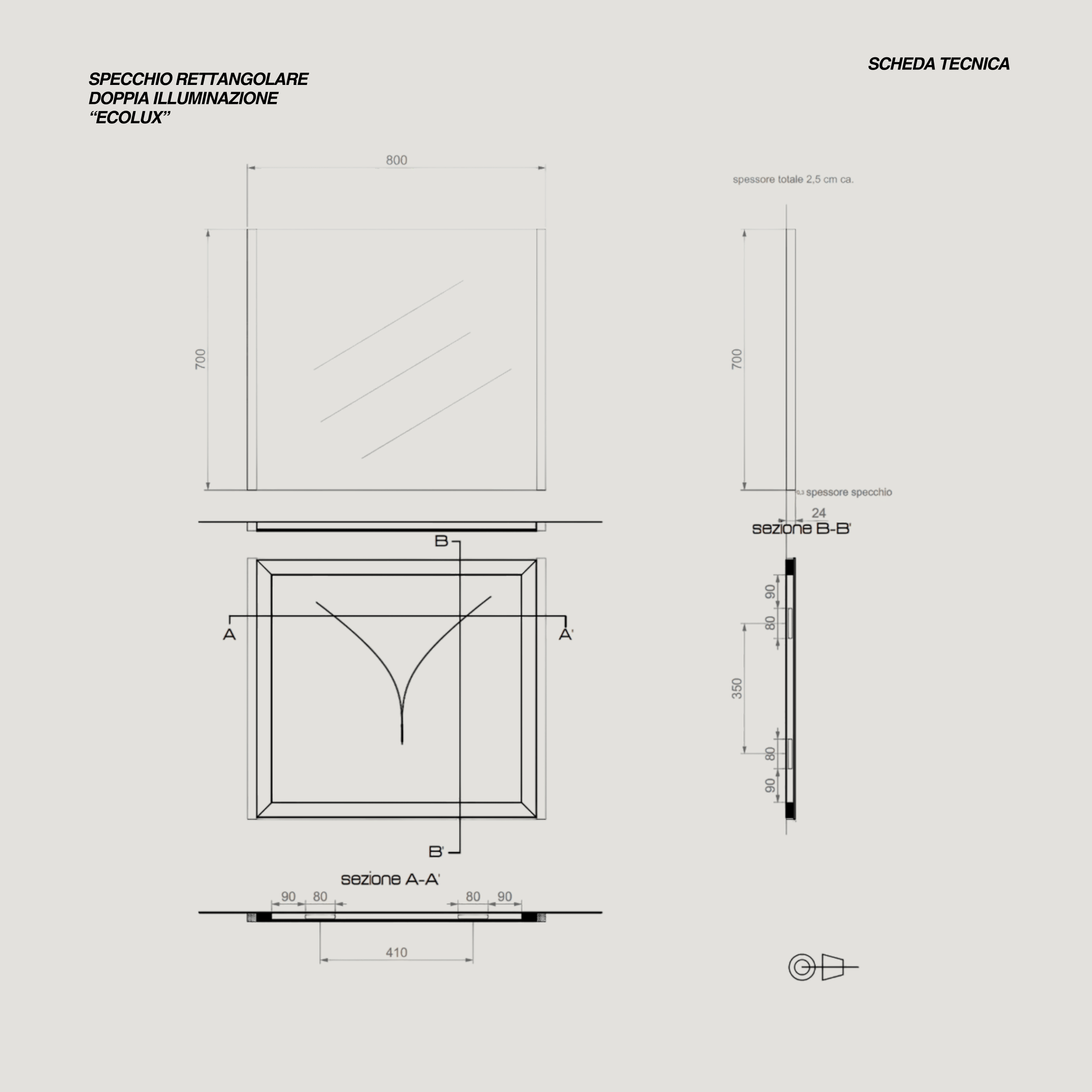 Specchio Rettangolare Doppia Illuminazione 80x70 Reversibile "Ecolux"