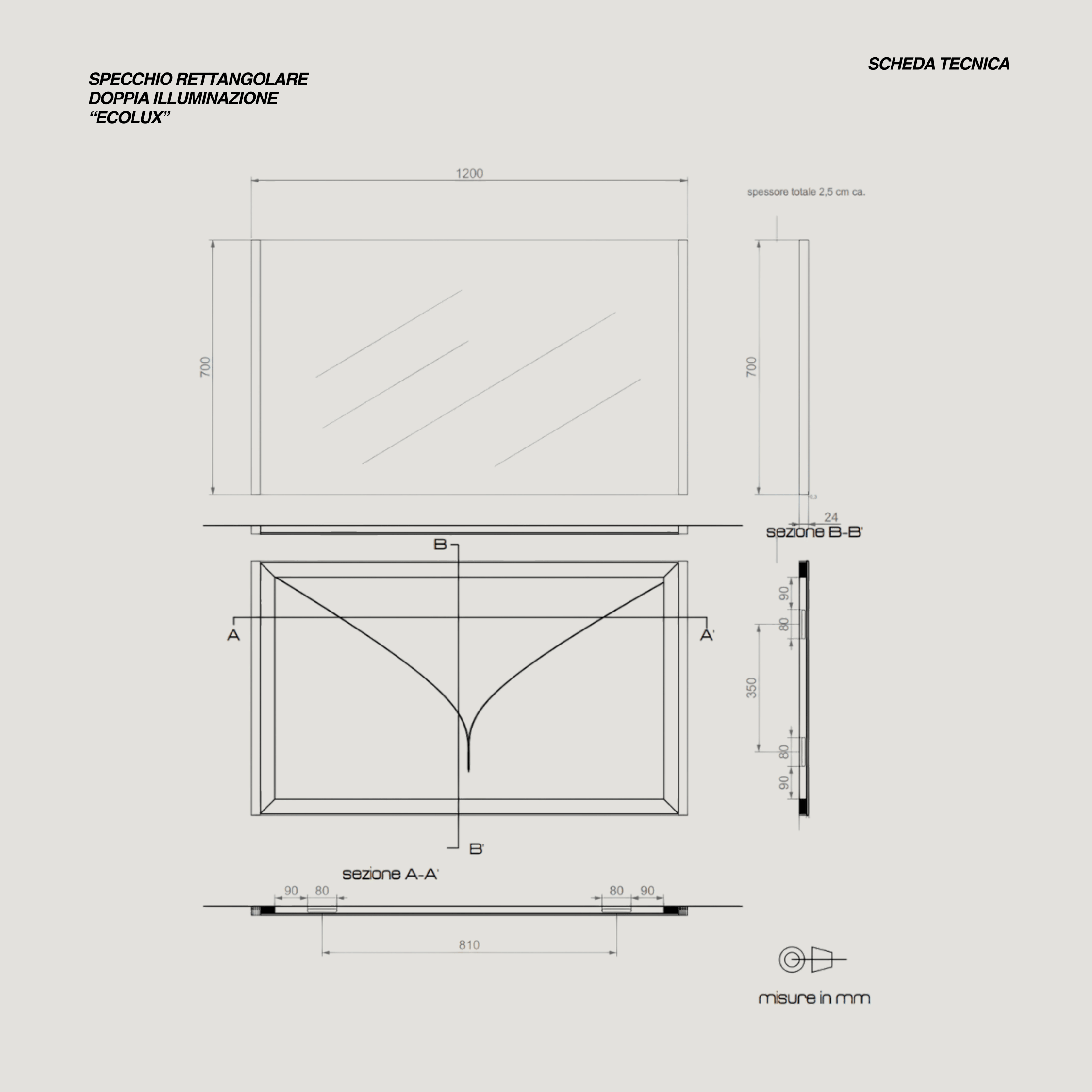 Specchio Rettangolare Doppia Illuminazione 120x70 Reversibile "Ecolux"