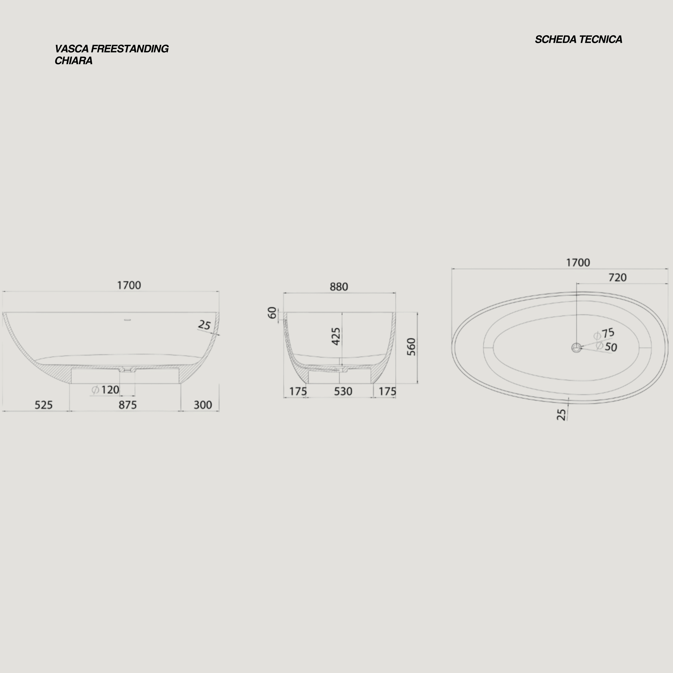 Vasca Freestanding 170x88 Cm Con Scarico Laterale Karag "Chiara" Bianco Opaco