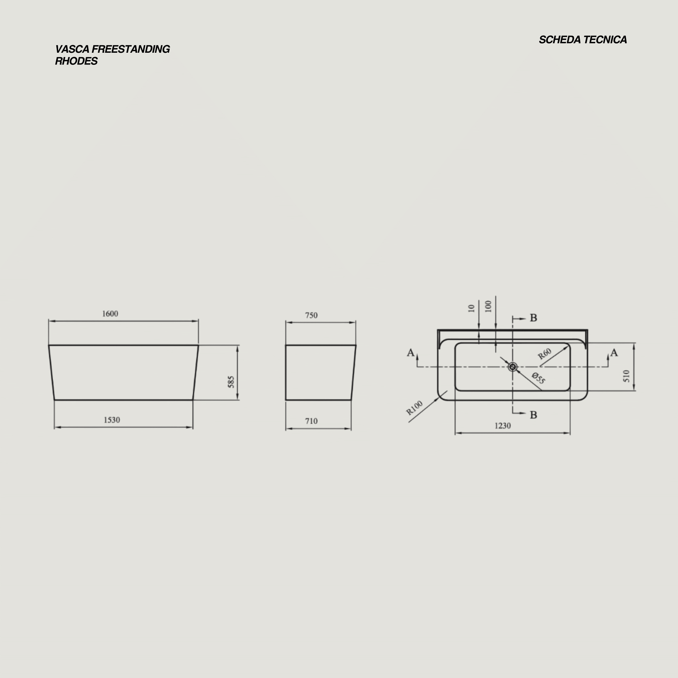 Vasca Freestanding 160x75 Cm Con Scarico Centrale Karag "Rhodes" Bianco Lucido