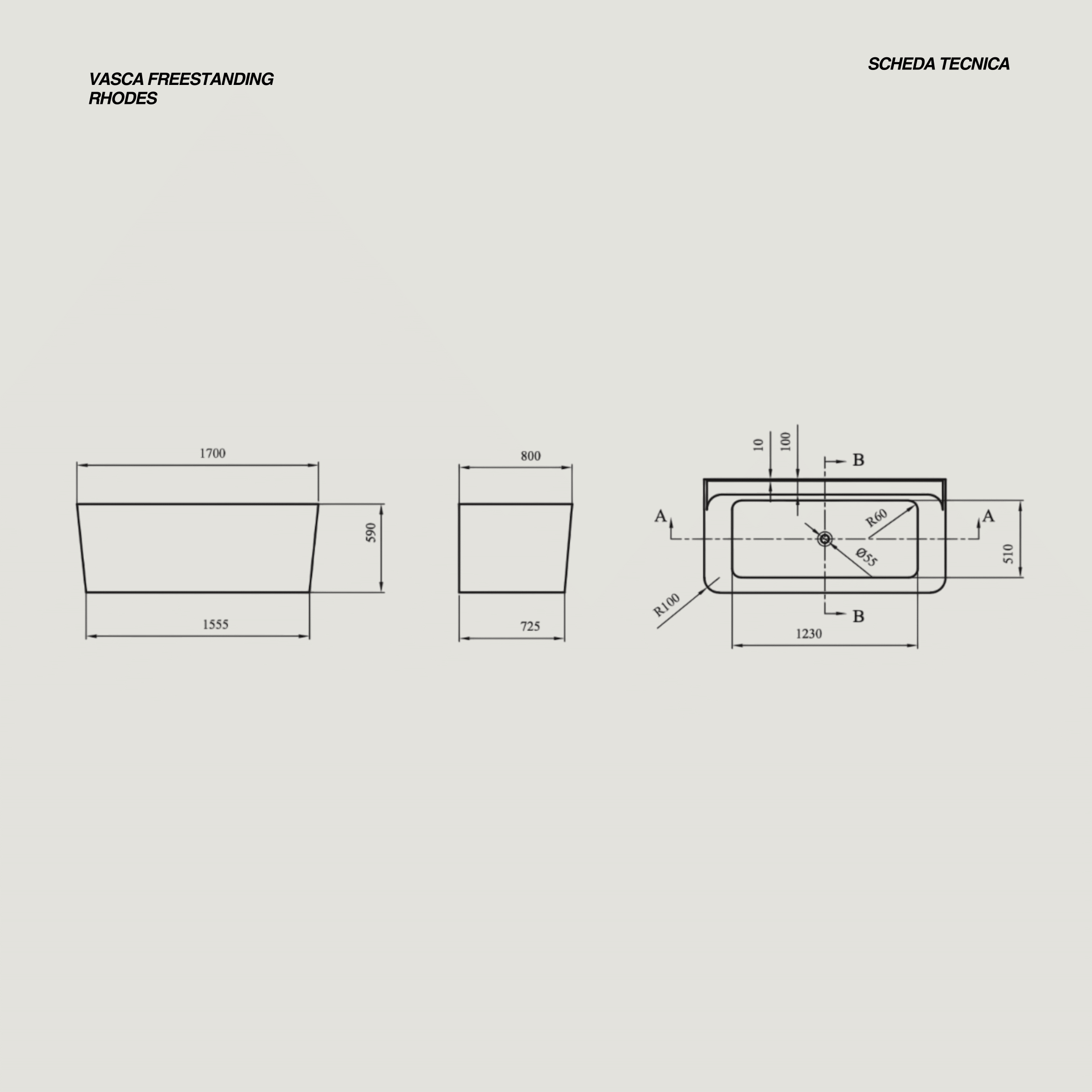 Vasca Freestanding 170x75 Cm Con Scarico Centrale Karag "Rhodes" Bianco Lucido