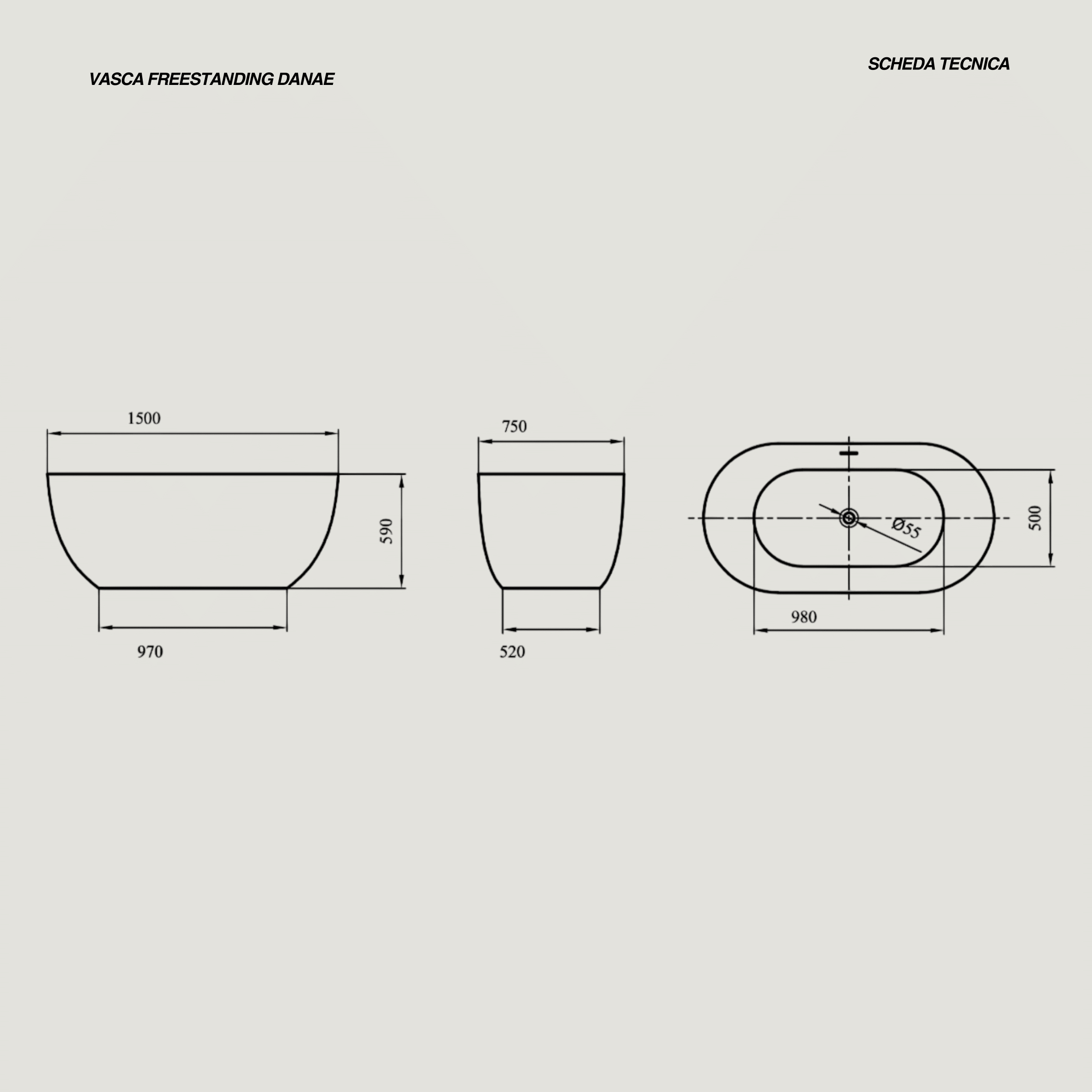 Vasca Freestanding 150x75 Cm Con Scarico Centrale Karag "Danae" Nero Opaco