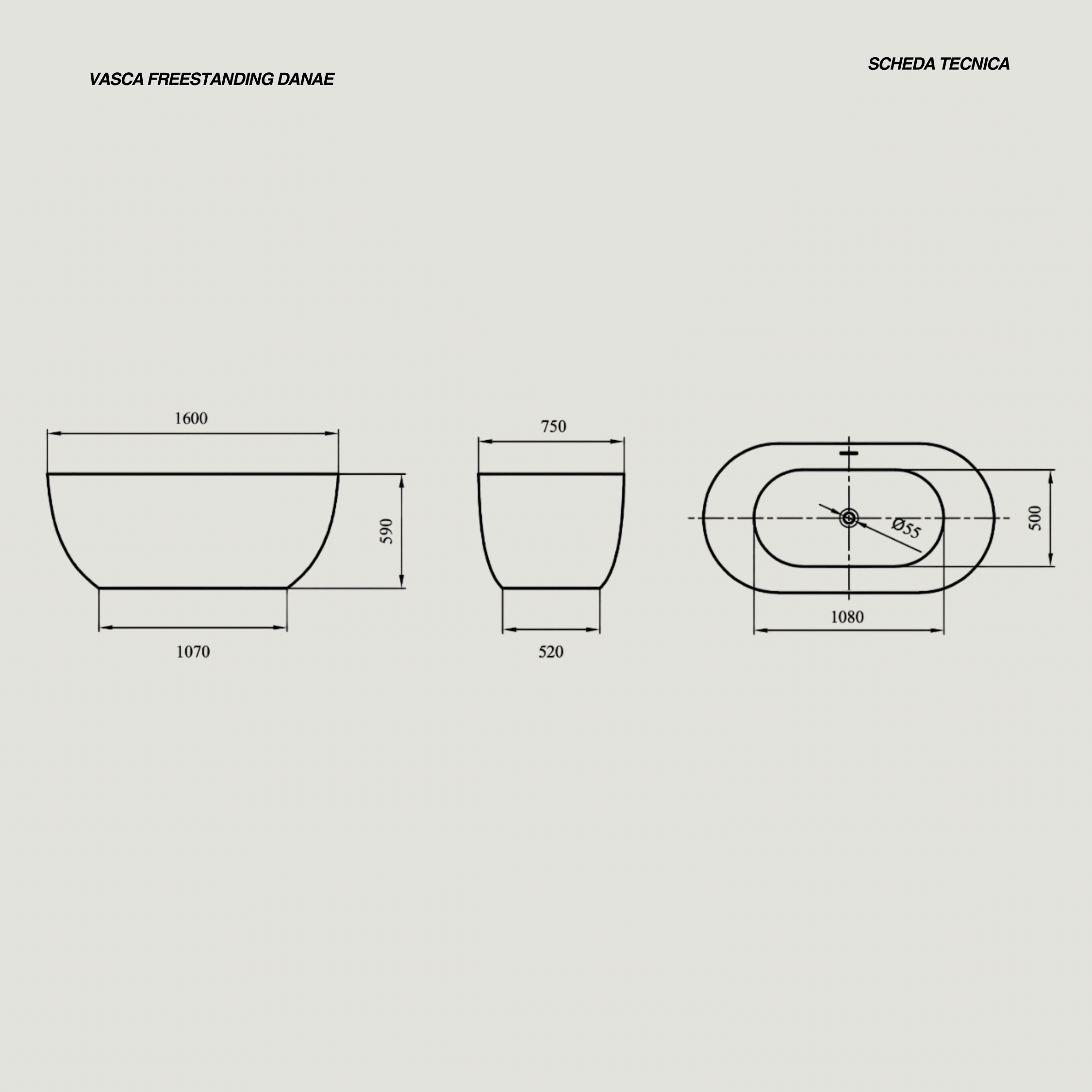 Vasca Freestanding 160x75 Cm Con Scarico Centrale Karag "Danae" Nero Opaco