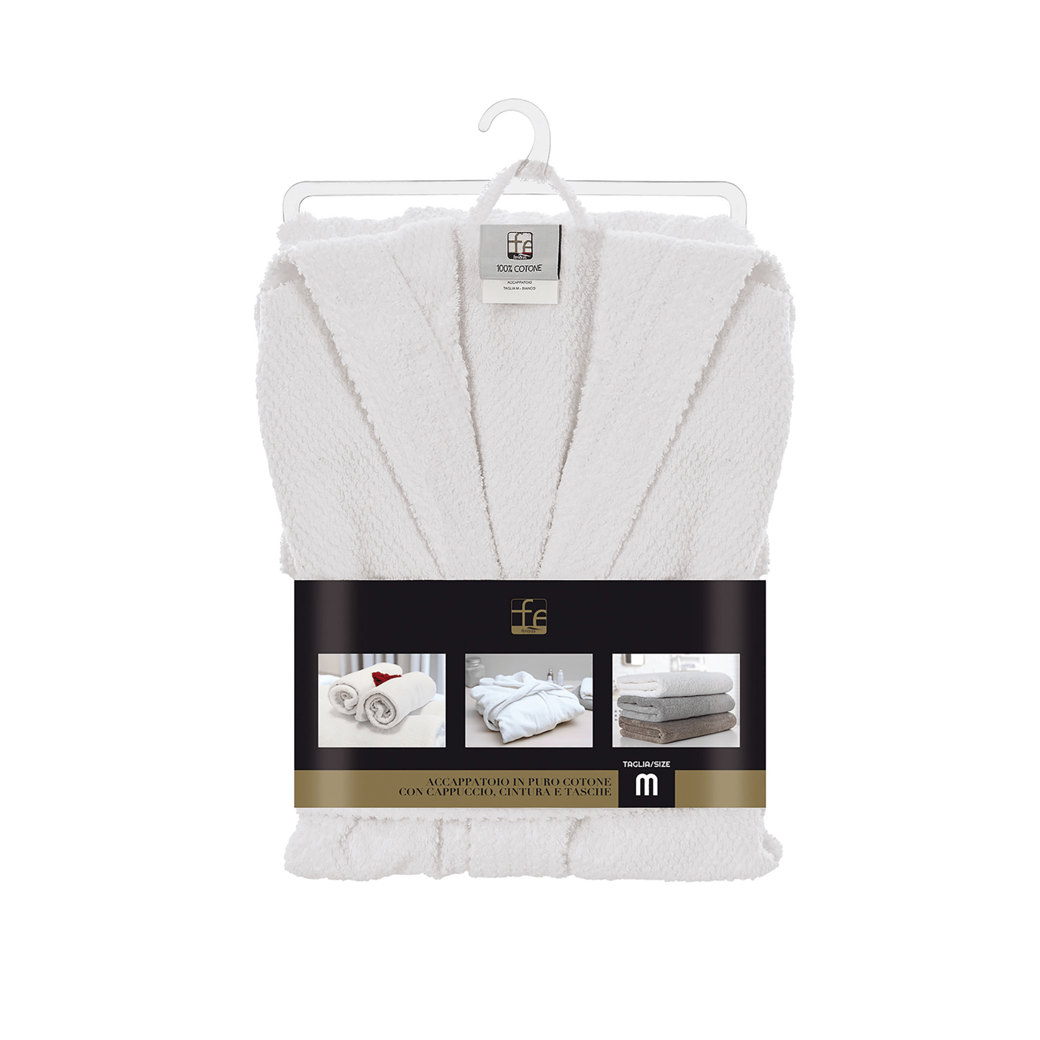 Accappatoio Bagno Con Cappuccio Tasche e Cintura Taglia XL Feridras "Gold" Bianco - Dabicasa