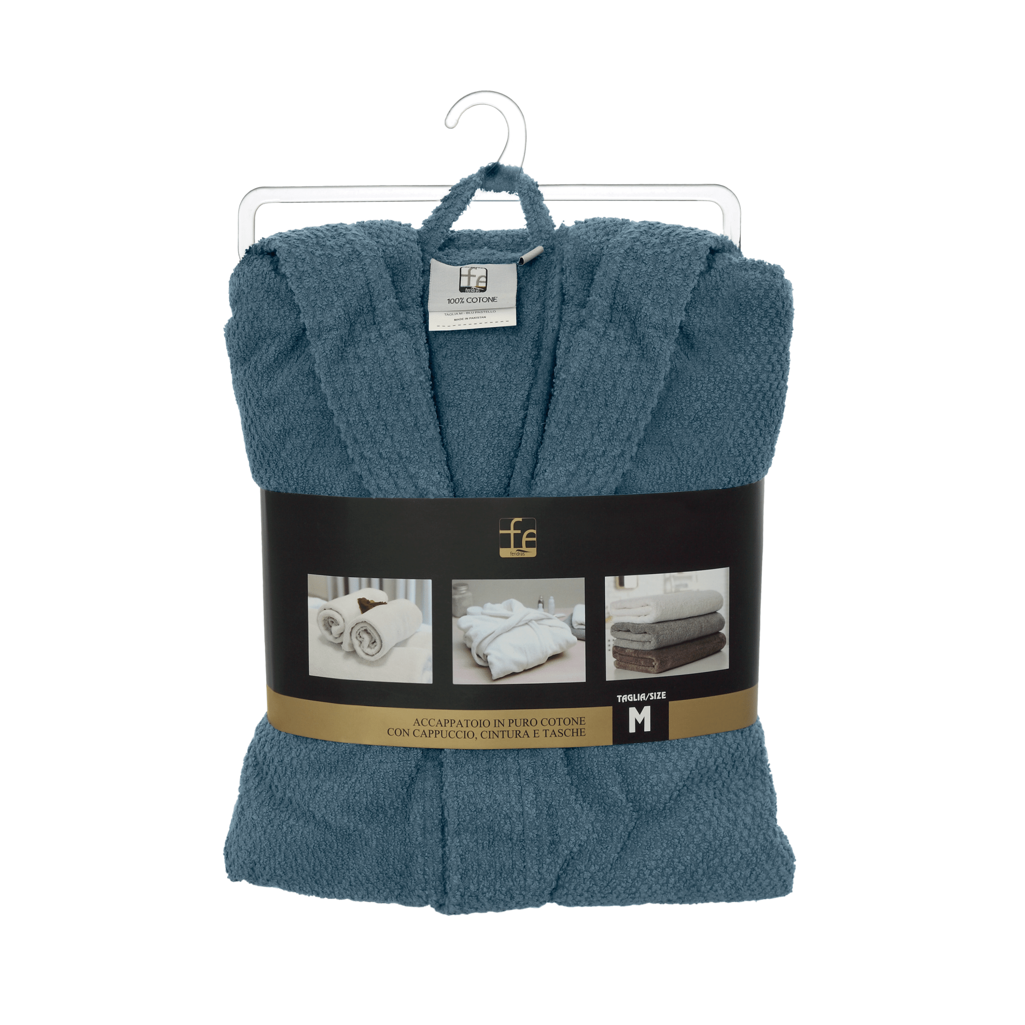 Accappatoio Bagno Con Cappuccio Tasche e Cintura Taglia XL Feridras "Gold" Blu Pastello - Dabicasa