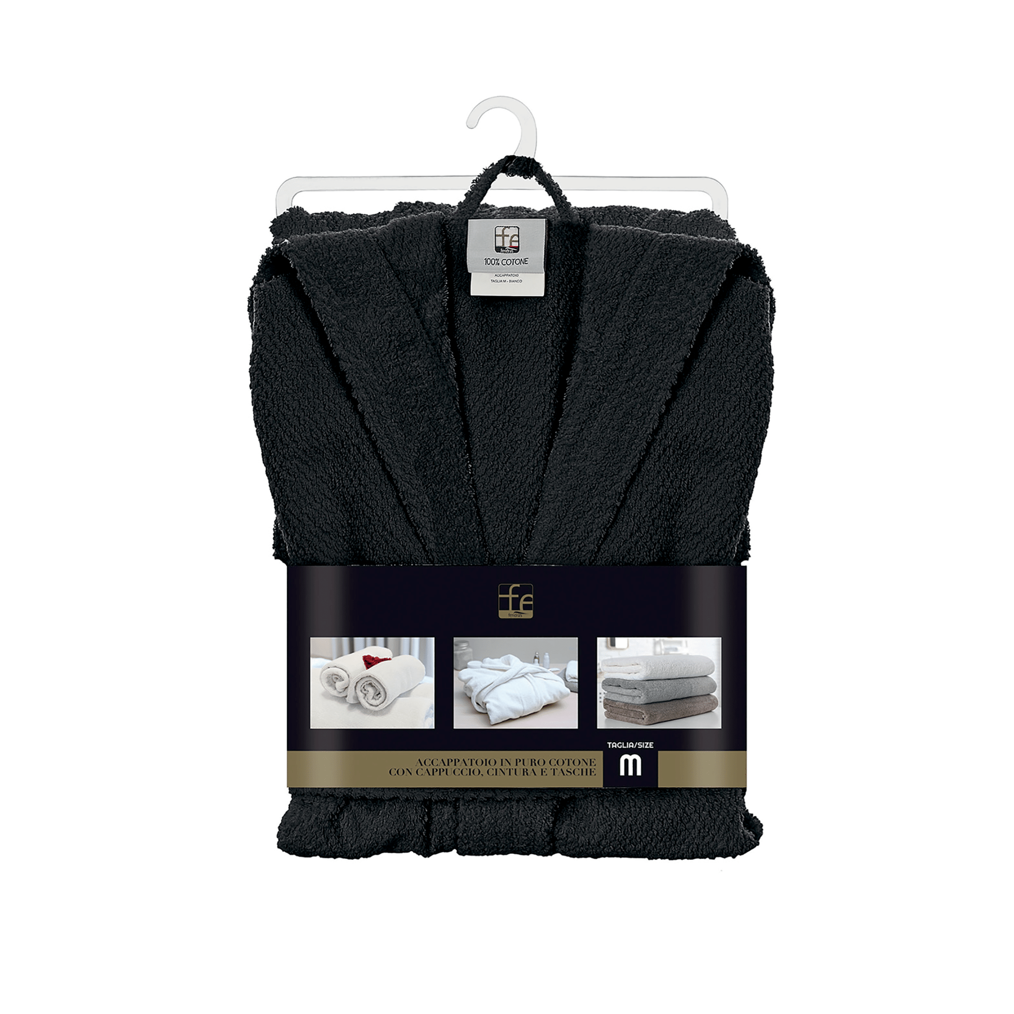 Accappatoio Bagno Con Cappuccio Tasche e Cintura Taglia XL Feridras "Gold" Nero - Dabicasa