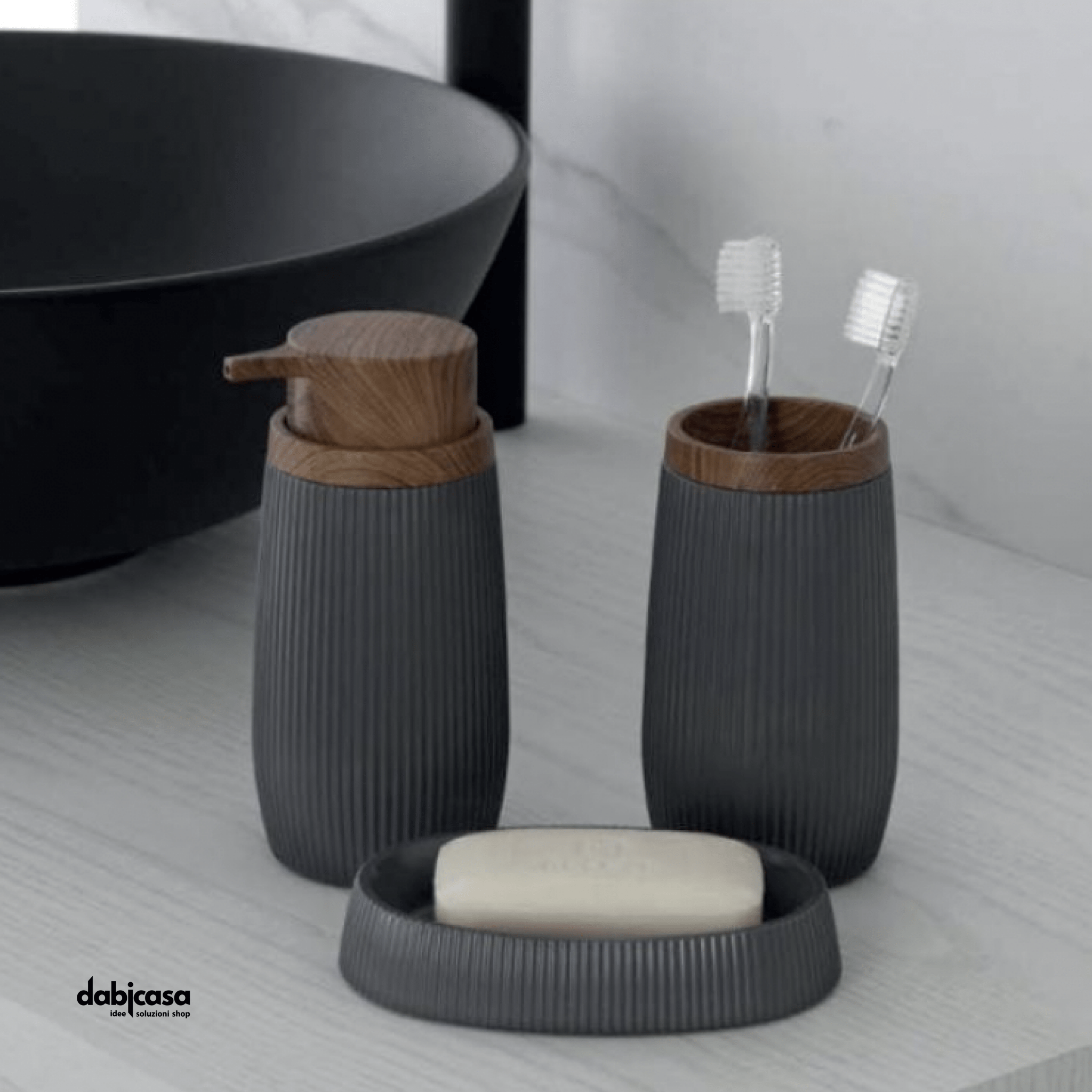 Accessori D'Appoggio "London" Set 3 Pezzi In Plastica Ps Colore Grigio/ Legno - Dabicasa