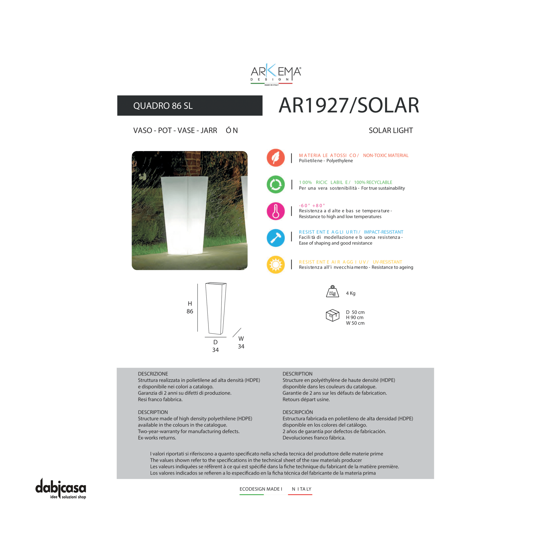 Arkema Vaso Solare "Quadro 86" Da 86 cm Luminoso - Dabicasa