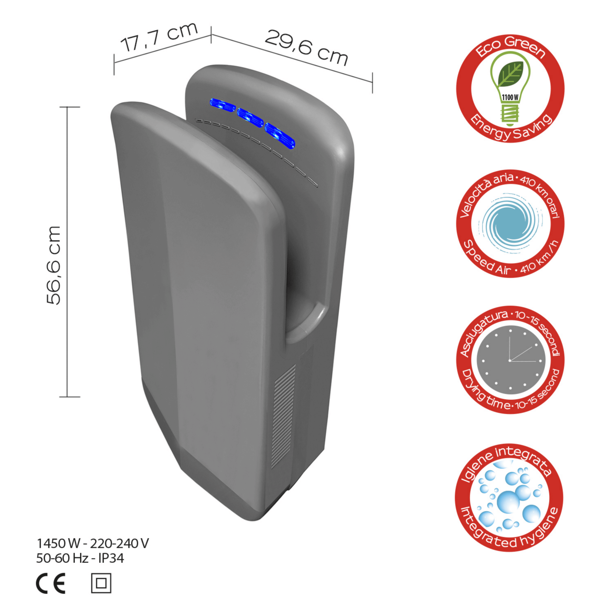 Asciugamani Elettrico a Fotocellula Ad Inserimento Verticale Delle Mani 1450 W Gedy "Diablo" Grigio - Dabicasa
