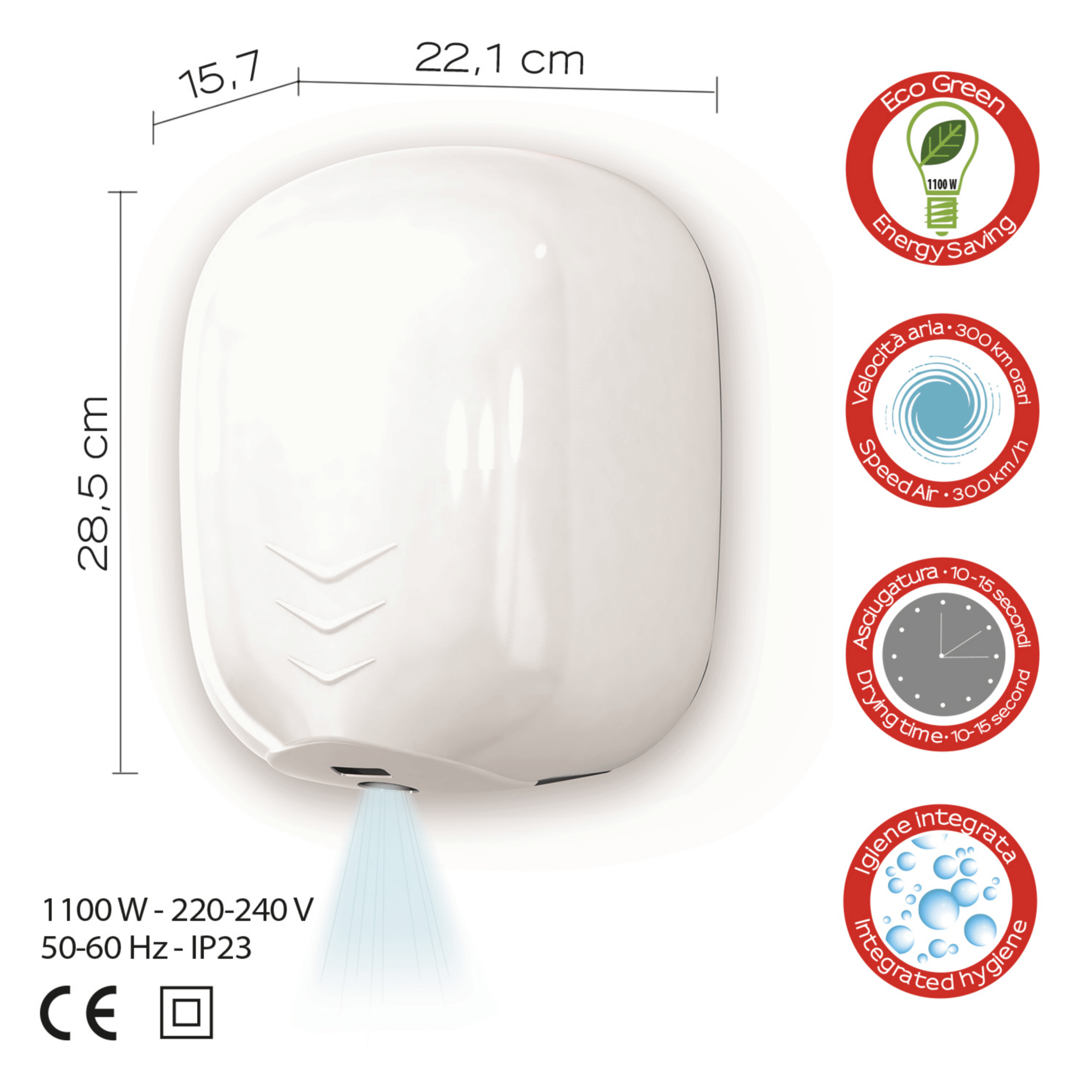 Asciugamani Elettrico Fotocellula a Parete 1100W Gedy "Bora" Bianco - Dabicasa