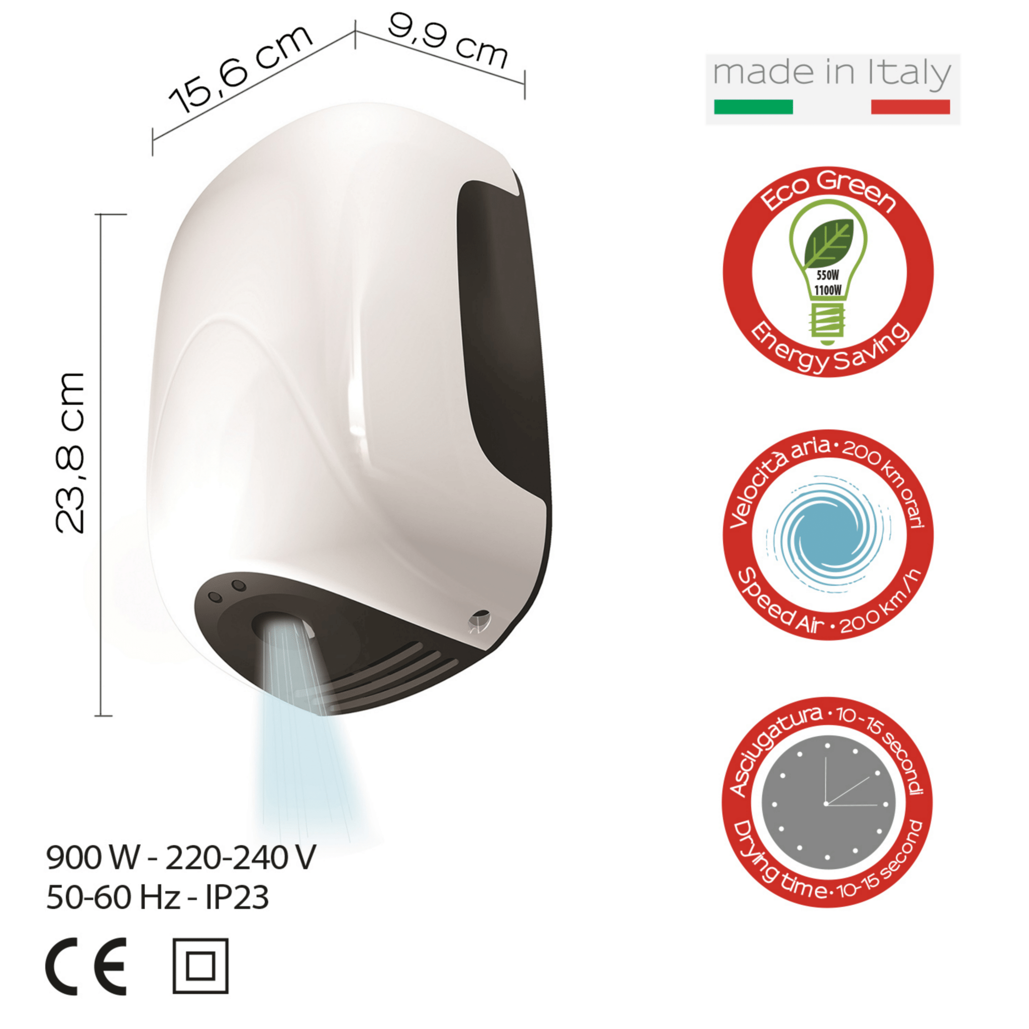 Asciugamani Elettrico Fotocellula a Parete 900W Gedy "Alizè" Bianco - Dabicasa
