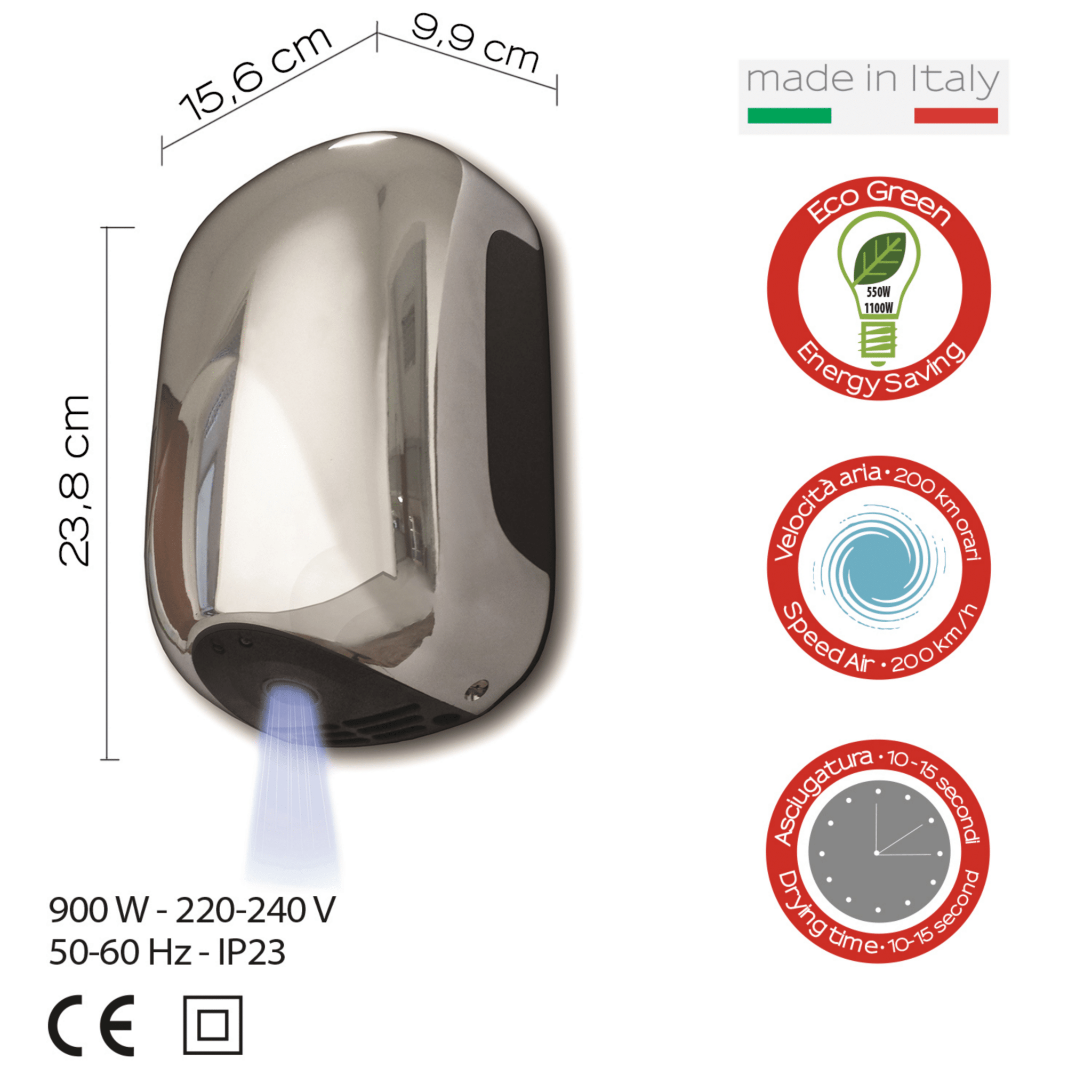 Asciugamani Elettrico Fotocellula a Parete 900W Gedy "Alizè" Cromo Lucido - Dabicasa