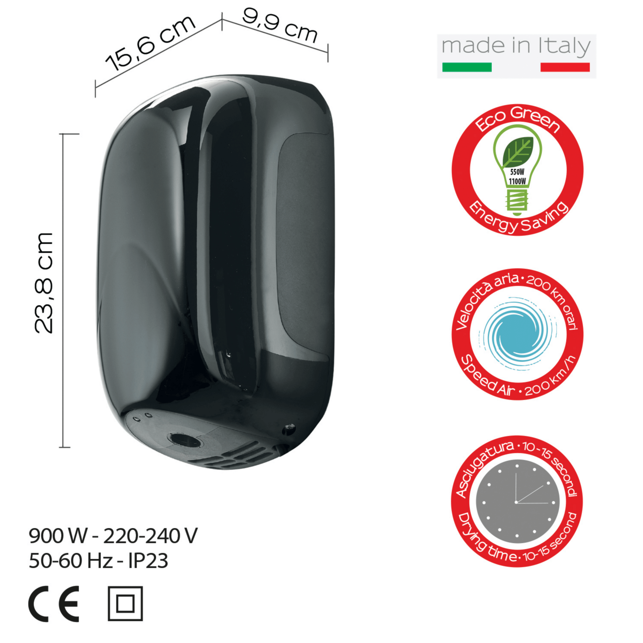 Asciugamani Elettrico Fotocellula a Parete 900W Gedy "Alizè" Nero - Dabicasa