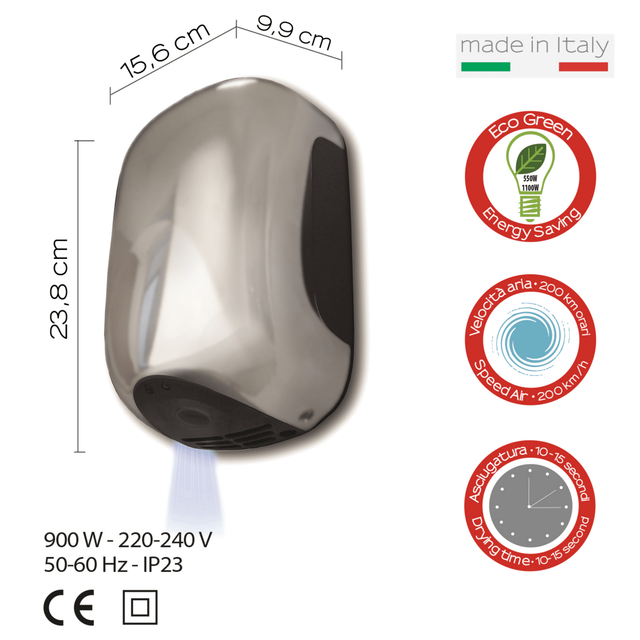 Asciugamani Elettrico Fotocellula a Parete 900W Gedy "Alizè" Satinato - Dabicasa