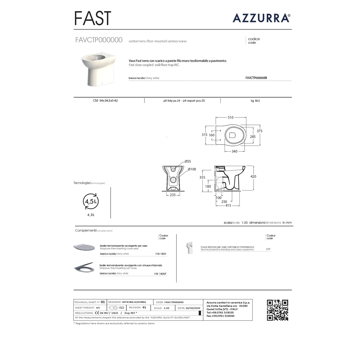 Azzurra Ceramica "Fast" Wc Terra Filo Parete Colore Bianco Lucido - Dabicasa