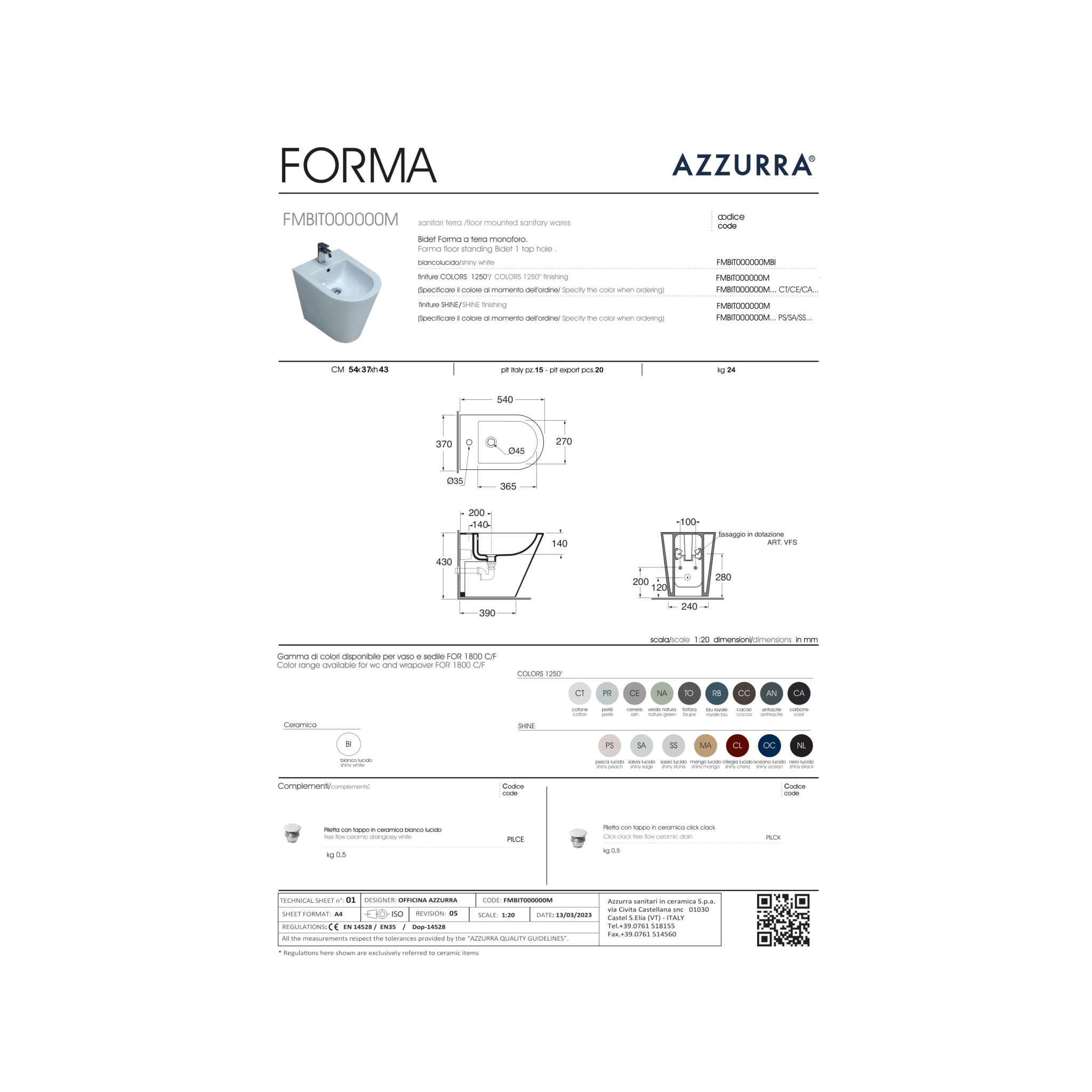 Bidet Da Terra Azzurra Ceramica Bianco Lucido "Forma"