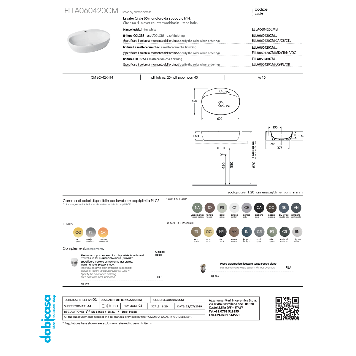 Azzurra Ceramica Lavabo "Elegance" D'Appoggio Linea Circle Con Foro 60cm - Dabicasa