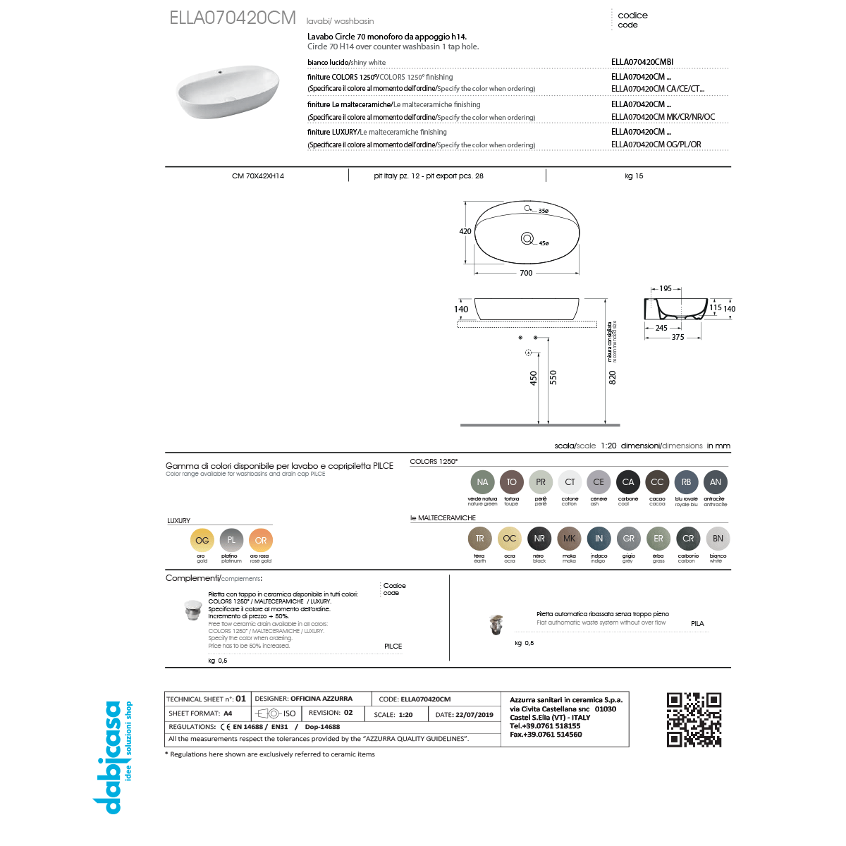 Azzurra Ceramica Lavabo "Elegance" Ovale D'Appoggio Linea Circle Con Foro 70cm - Dabicasa