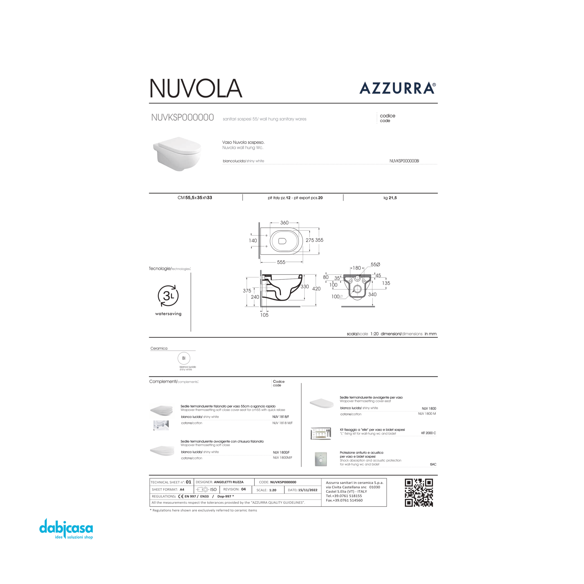 Azzurra Ceramica "Nuvola" Wc Sospeso Bianco Lucido Con Brida - Dabicasa