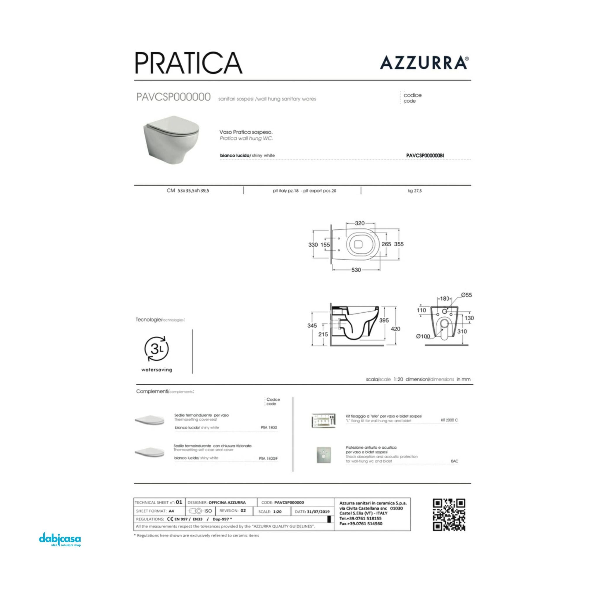 Azzurra Ceramica "Pratica" Wc Sospeso Bianco Lucido Con Brida - Dabicasa