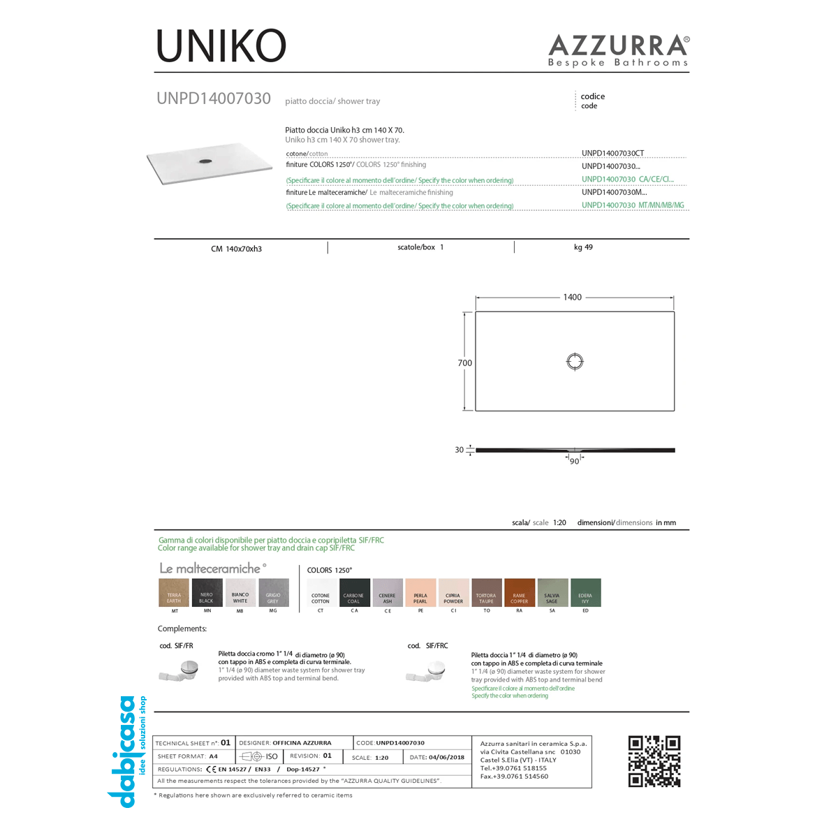 Azzurra Ceramica "Uniko" Piatto Doccia 70x140 Cotone - Dabicasa