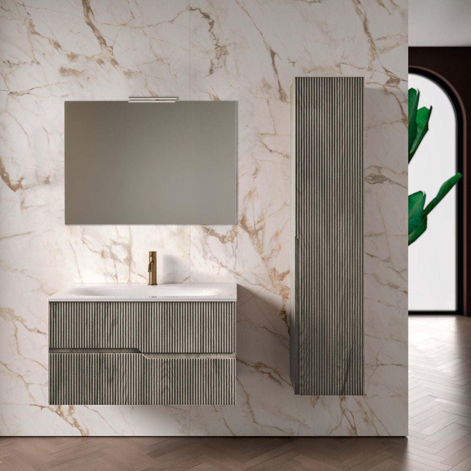 Mobile Bagno Sospeso Cannettato 100 Cm Due Cassetti Specchio Con Lampada Led 100x70 Cm ItalBagno "Victor"