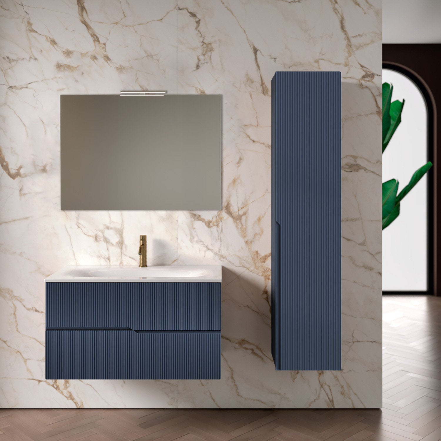 Mobile Bagno Sospeso Cannettato 100 Cm Due Cassetti Specchio Con Lampada Led 100x70 Cm ItalBagno "Victor"