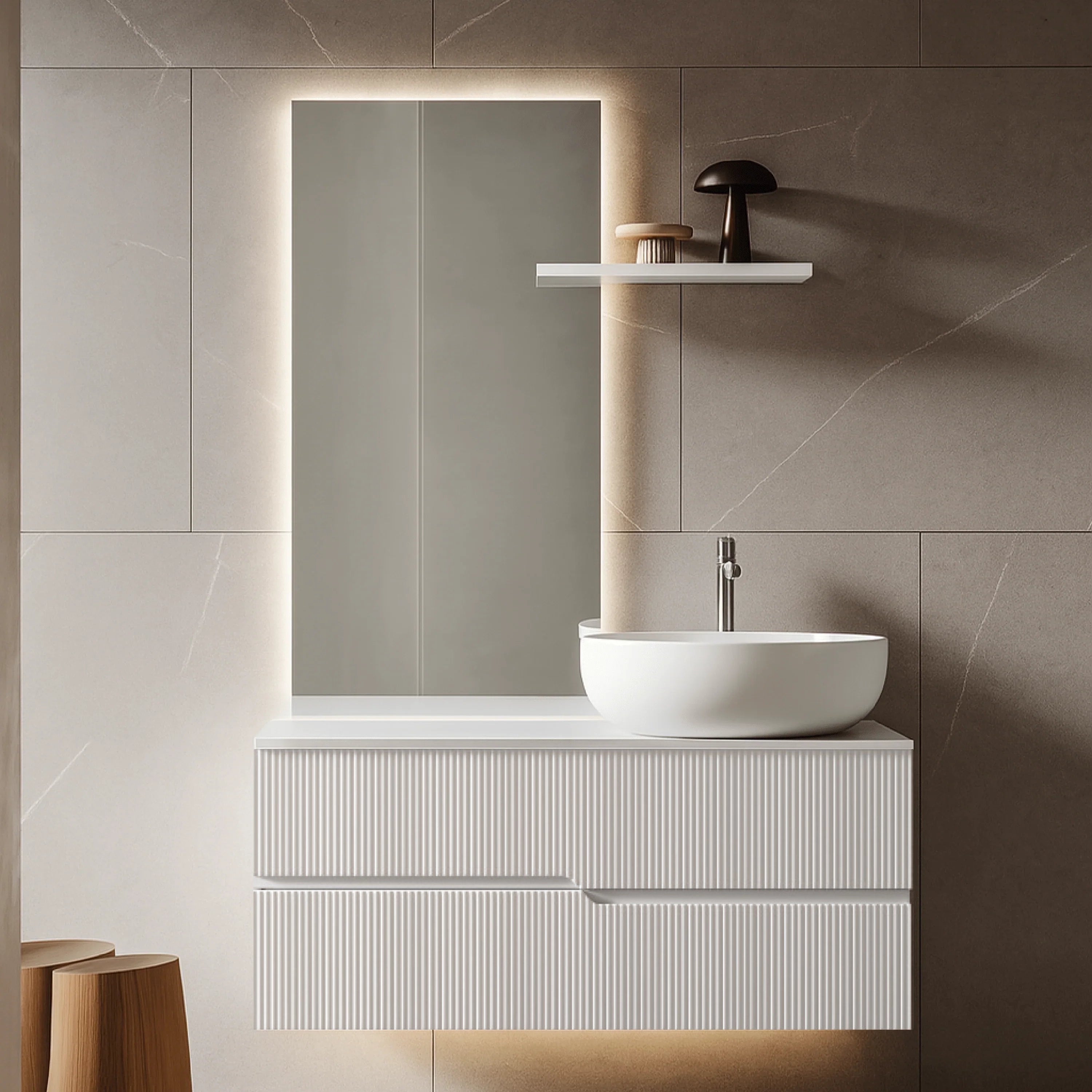 Mobile Bagno Sospeso Cannettato 90 Cm Due Cassetti Specchio Led Con Touch 60x90 Cm ItalBagno "Victor"