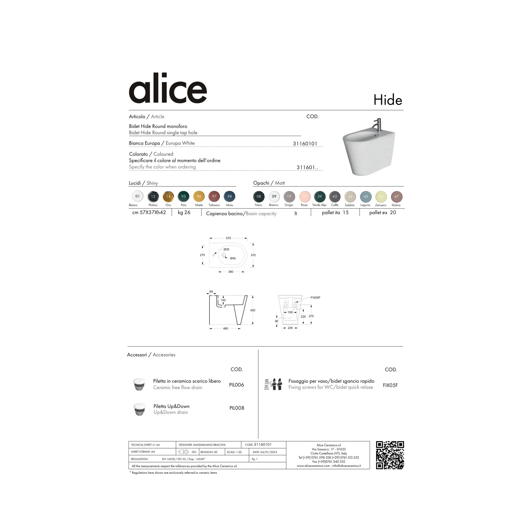Bidet a Terra Alice Ceramica "Hide Round" Bianco Opaco - Dabicasa