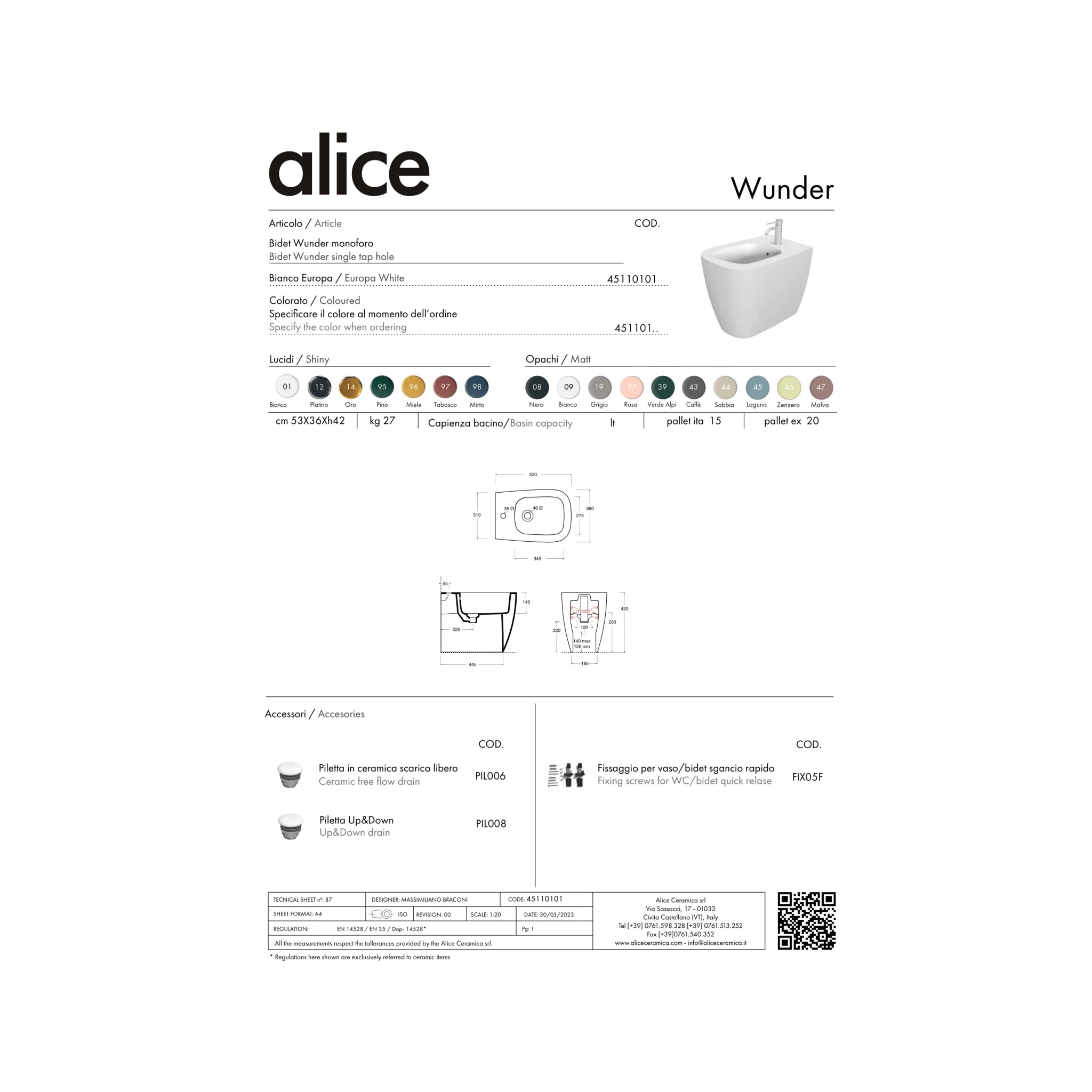 Bidet a Terra Alice Ceramica "Wunder" Bianco Lucido - Dabicasa