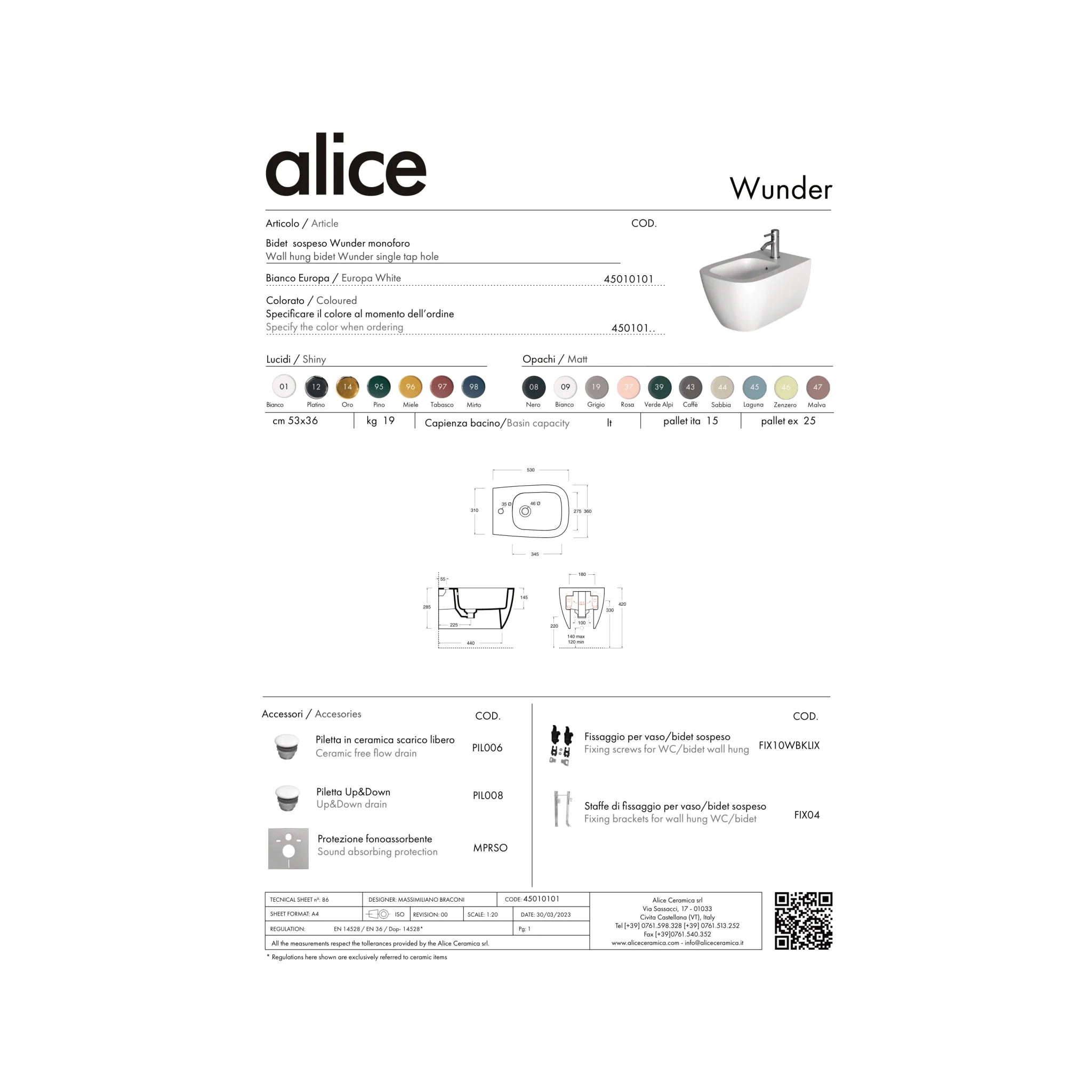 Bidet Sospeso Alice Ceramica "Wunder" Bianco Lucido - Dabicasa